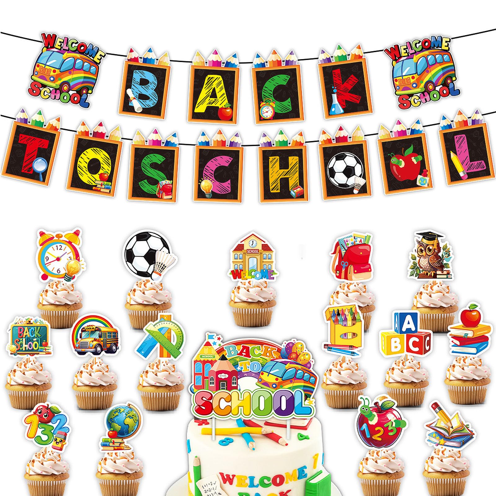 Décorations de Rentrée Scolaire Bannière de Classe 16 pièces Deco Cupcake Premier Jour d'École