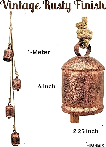 Miniatura 2 de HIGHBIX Harmony - 4 campanas de vaca en racimo en cuerda, grandes, rústicas, vintage, campanas de vaca de la suerte en cuerda para colgar en la