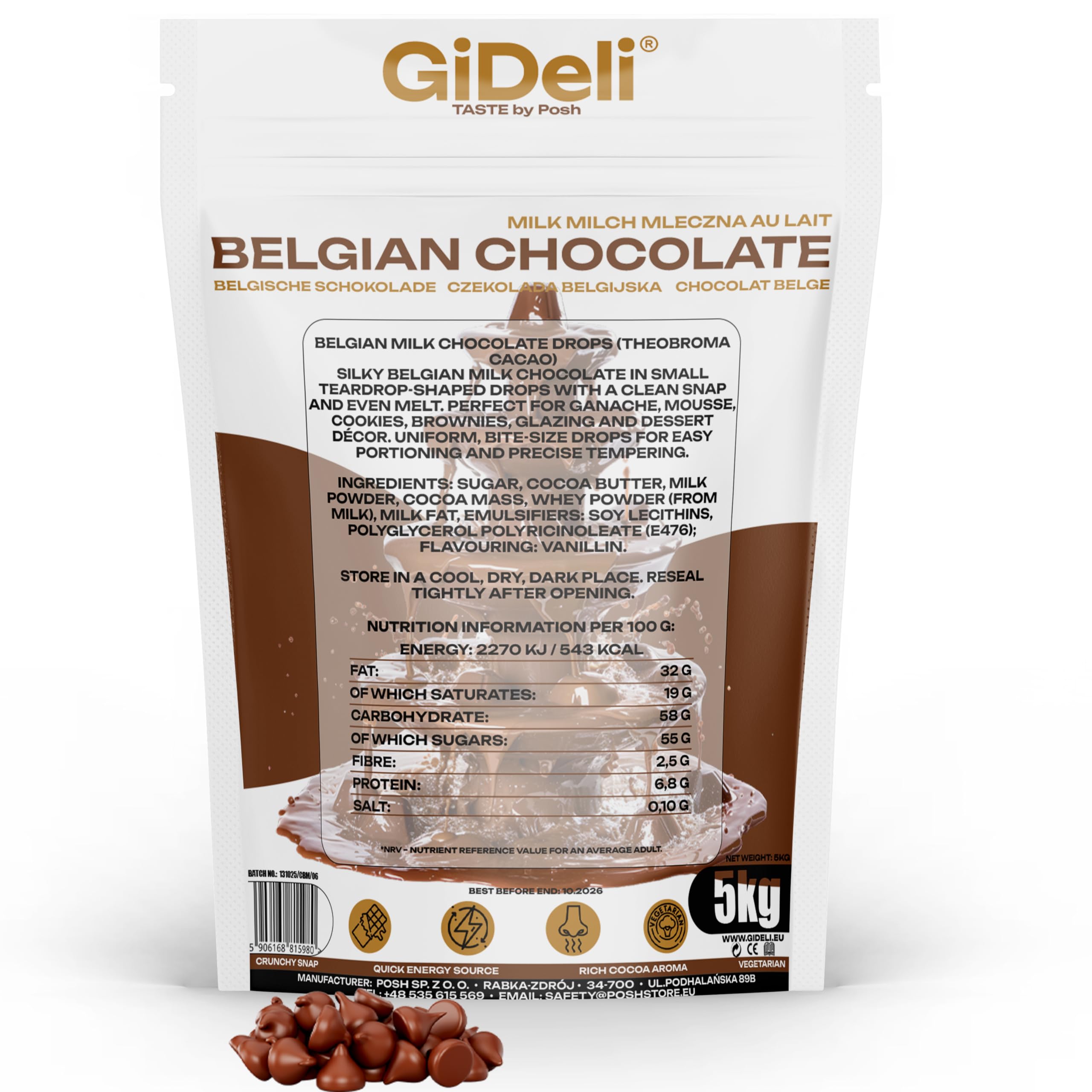 GiDeli Belgische Schokolade 5kg - Pralinen Chips, Schokodrops- Vollmilch-Kuvertüre - Perfekt für Schokofondue, Backen, Schokobrunnen, Desserts & Glasuren