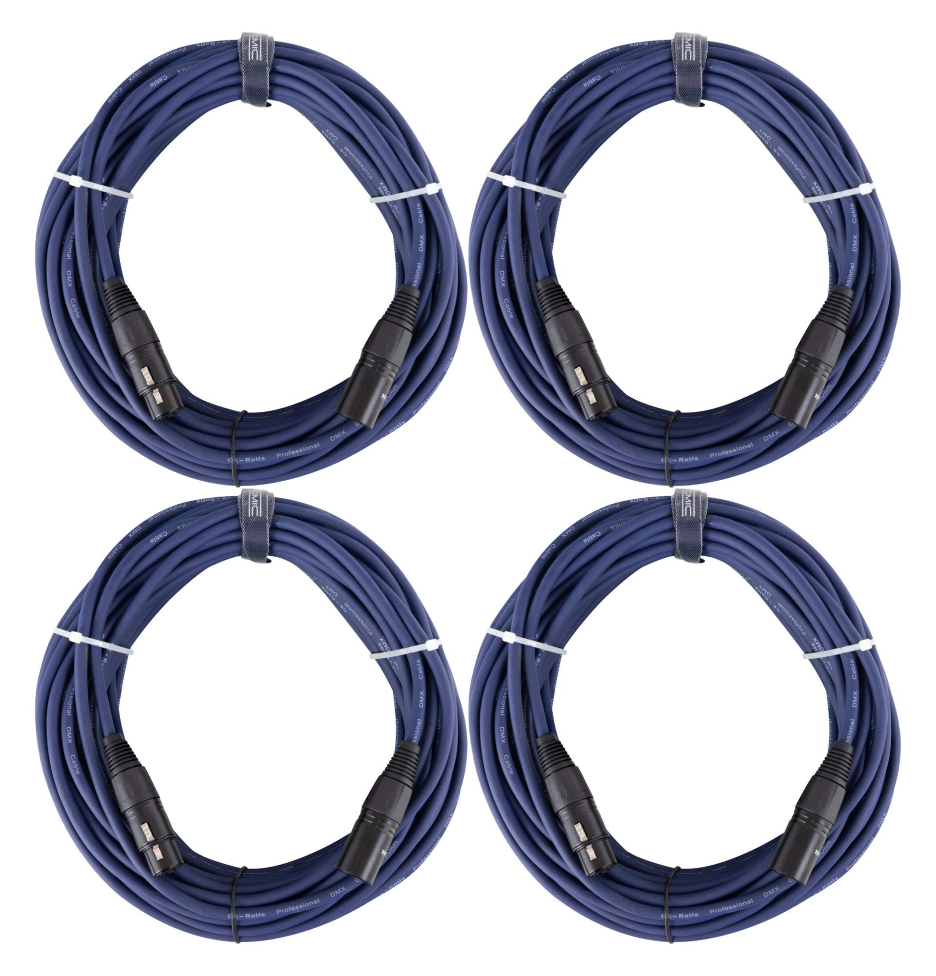 Pronomic Lot de 4 Stage DMX3-20 Câbles DMX 20 mètres (pour câblage d'effets lumineux, contacts dorés, gaine bleue, XLR mâle vers XLR femelle) bleu