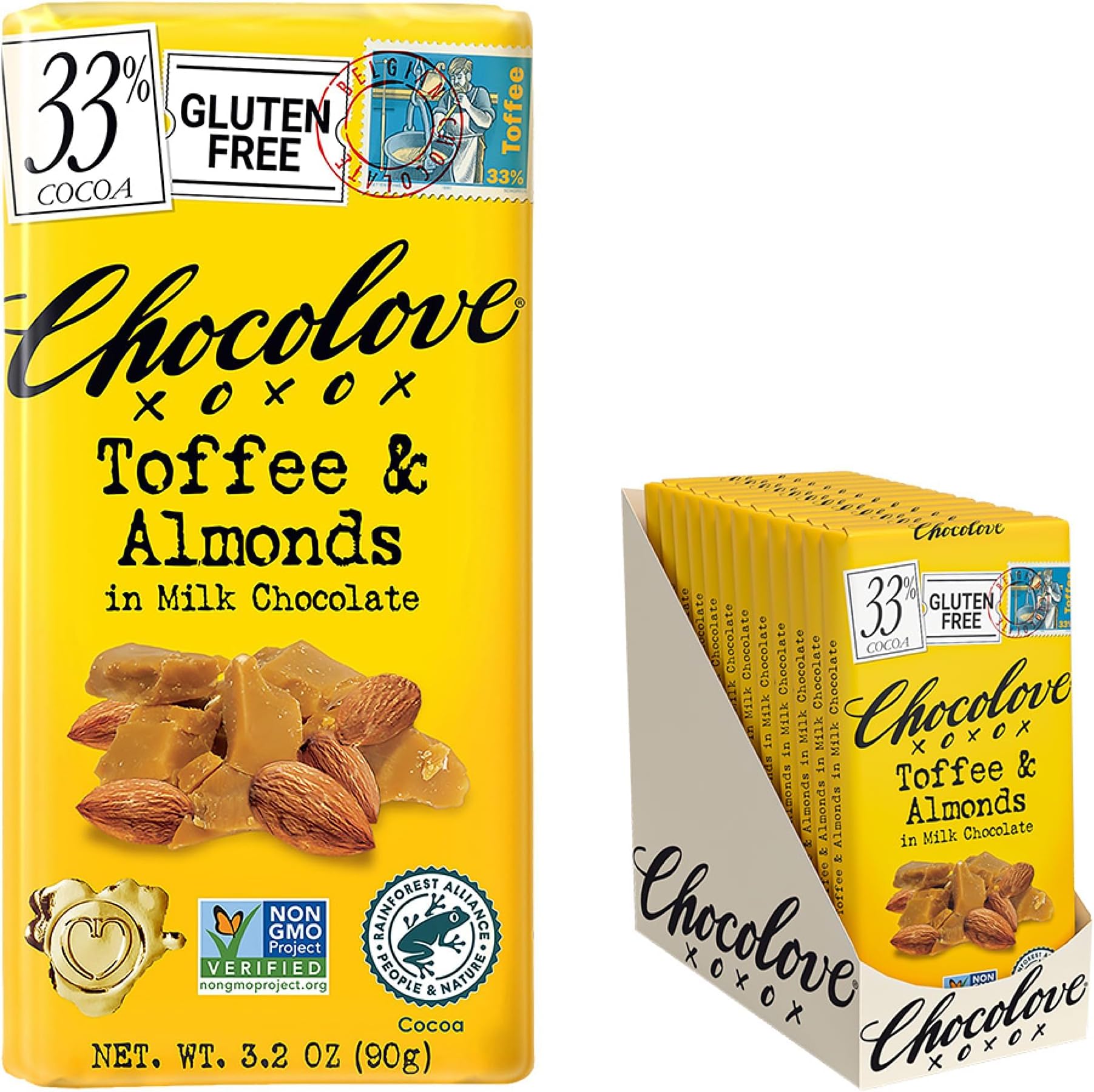 Chocolove Toffee & Almond Milk Chocolate Bars 33 Cocoa