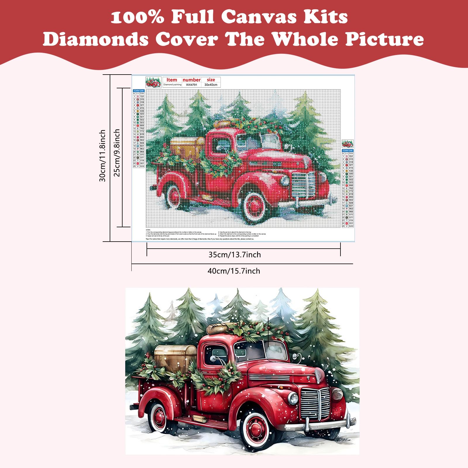 Christmas Snow Stitch Diamond Painting Kit - 5D Full Drill DIY Art With Red Truck & Dog (40x30 Cm) - View #2