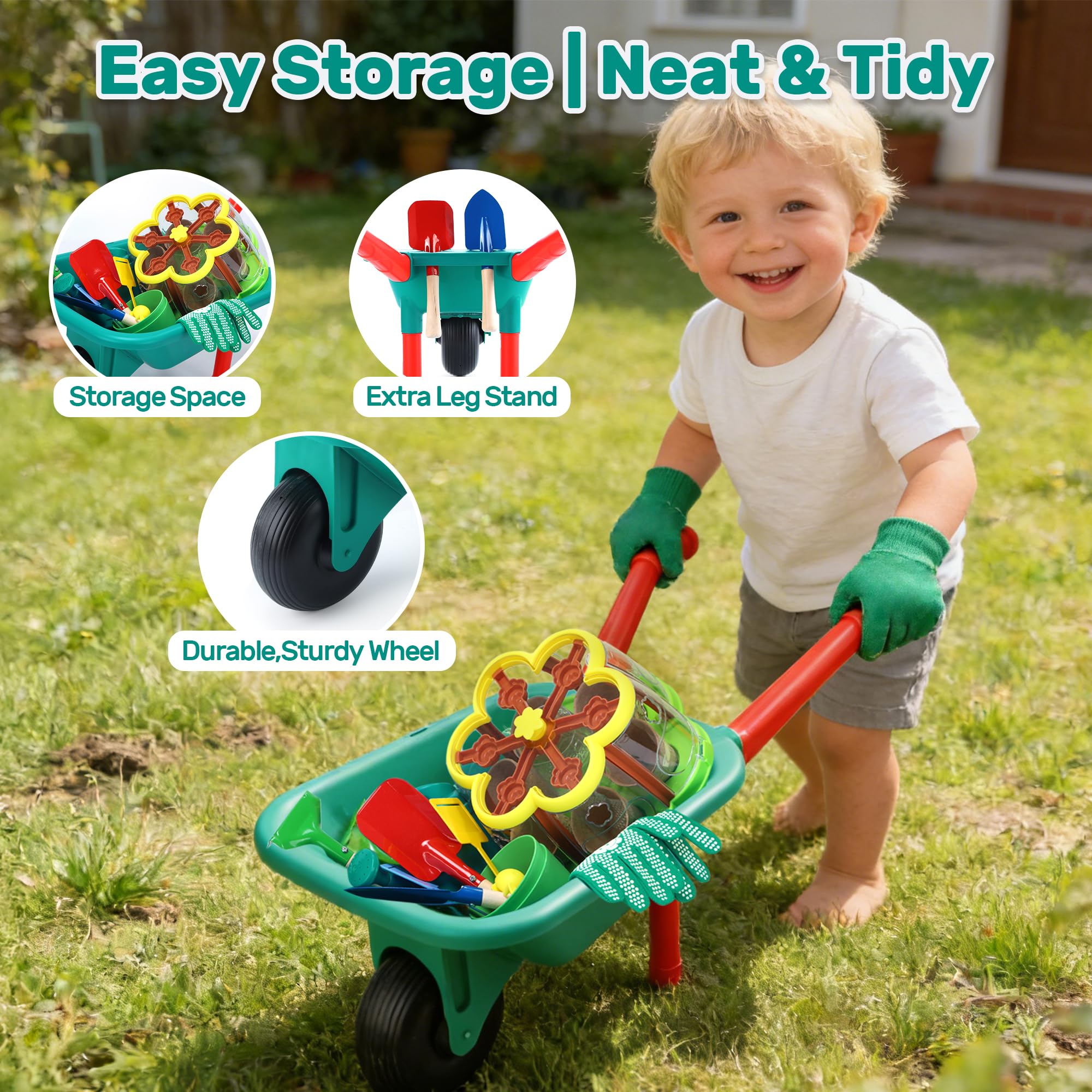 Cute Stone Ensemble de Jardinage Enfants, Kit de Culture de Plantes avec brouette, 3 Outils de Jardin en métal, Serre Enfants avec système d'irrigation amélioré, Jouets d'intérieur et d'extérieur