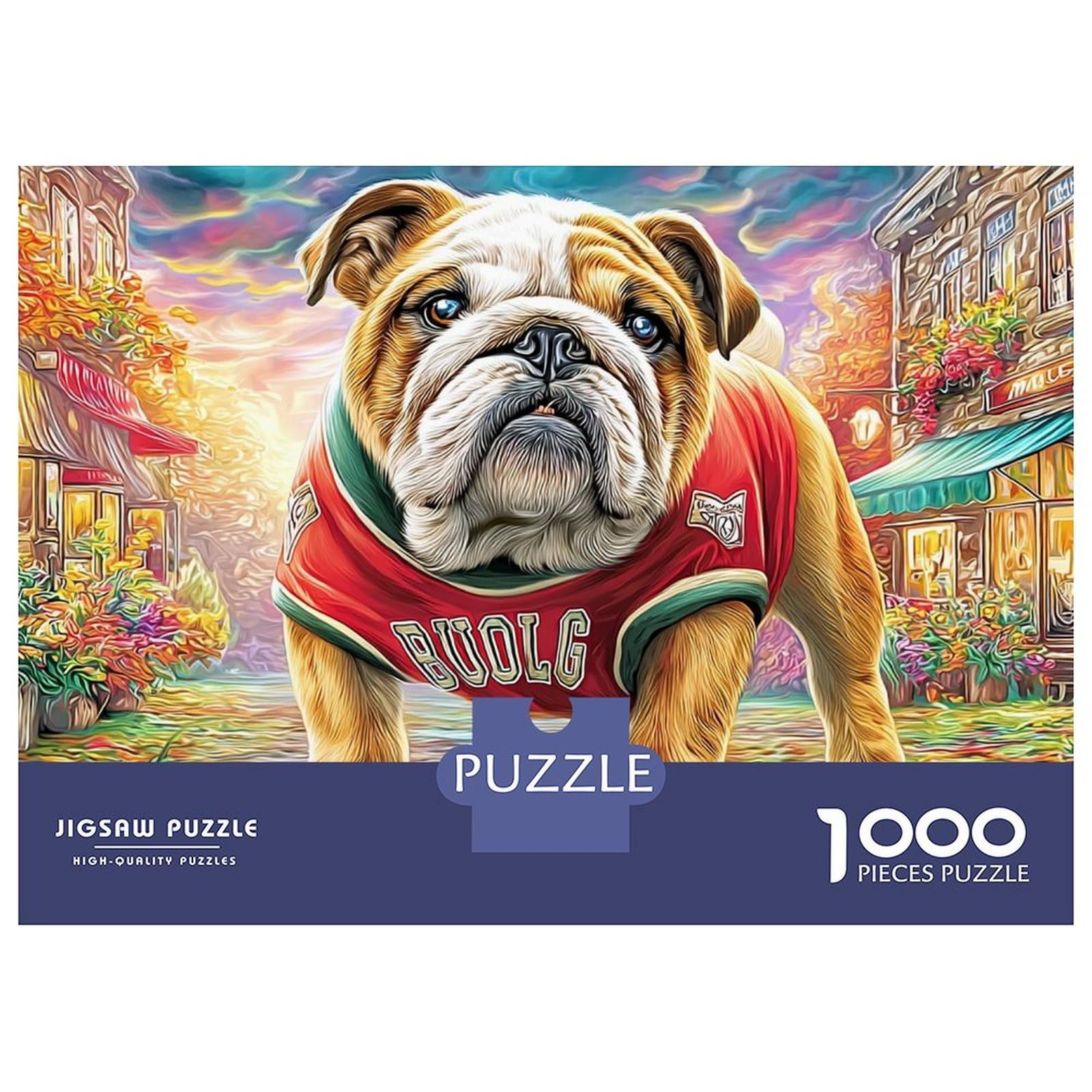 Bulldog Street 1000 Piece Thick Cardboard Jigsaw Puzzle for Adults，pet in Town，Educational Game Decompression Fun Activity Beautiful Decoration Best Gift 70x50cm/1000pcs — image 1
