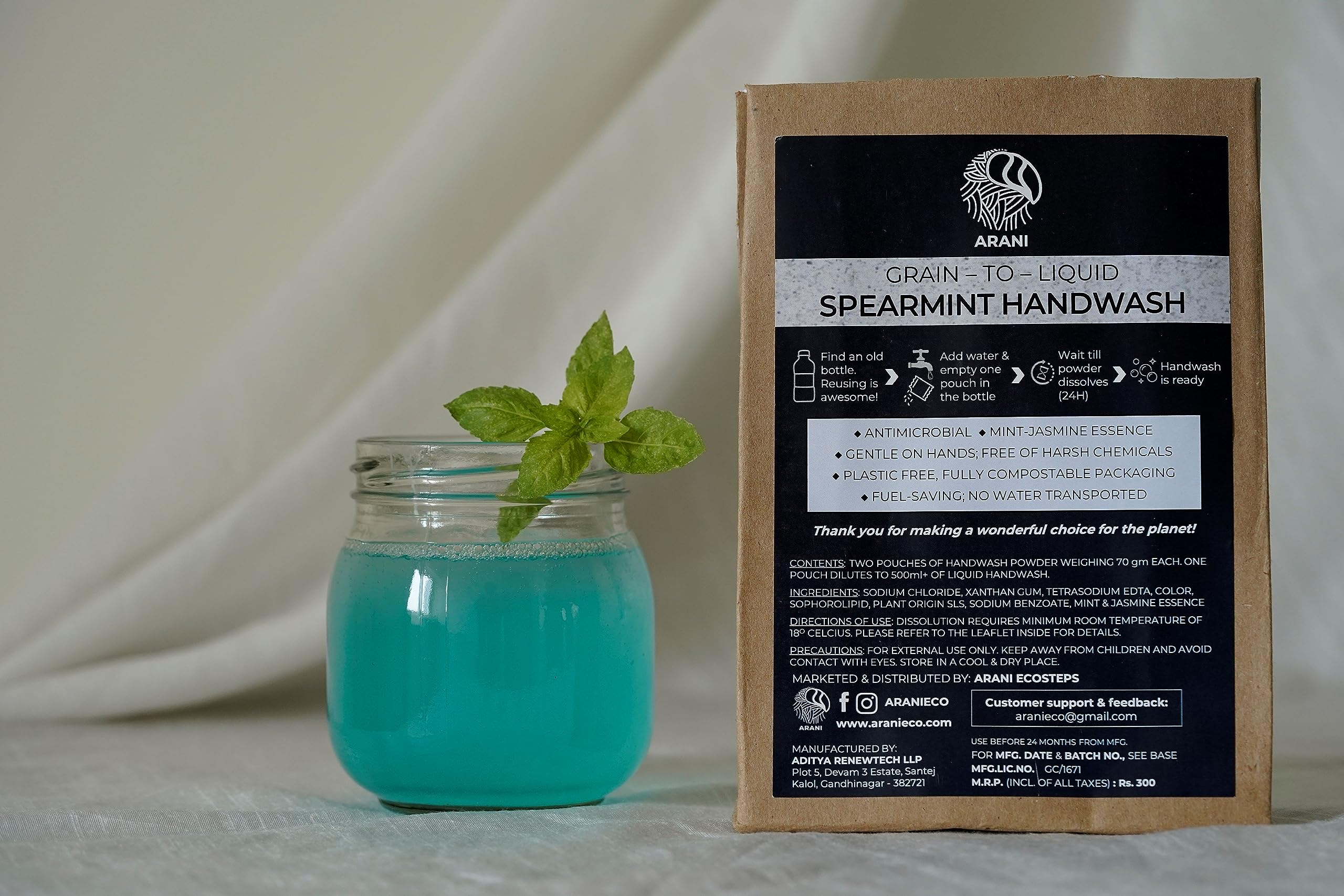 Arani Eco SPEARMINT HANDWASH (GRAIN-TO-LIQUID) Liquid | Anti-Microbial | Gentle On Hands | Safe for Kids| Eco Friendly Ingredients | One pack makes 1.1 litres