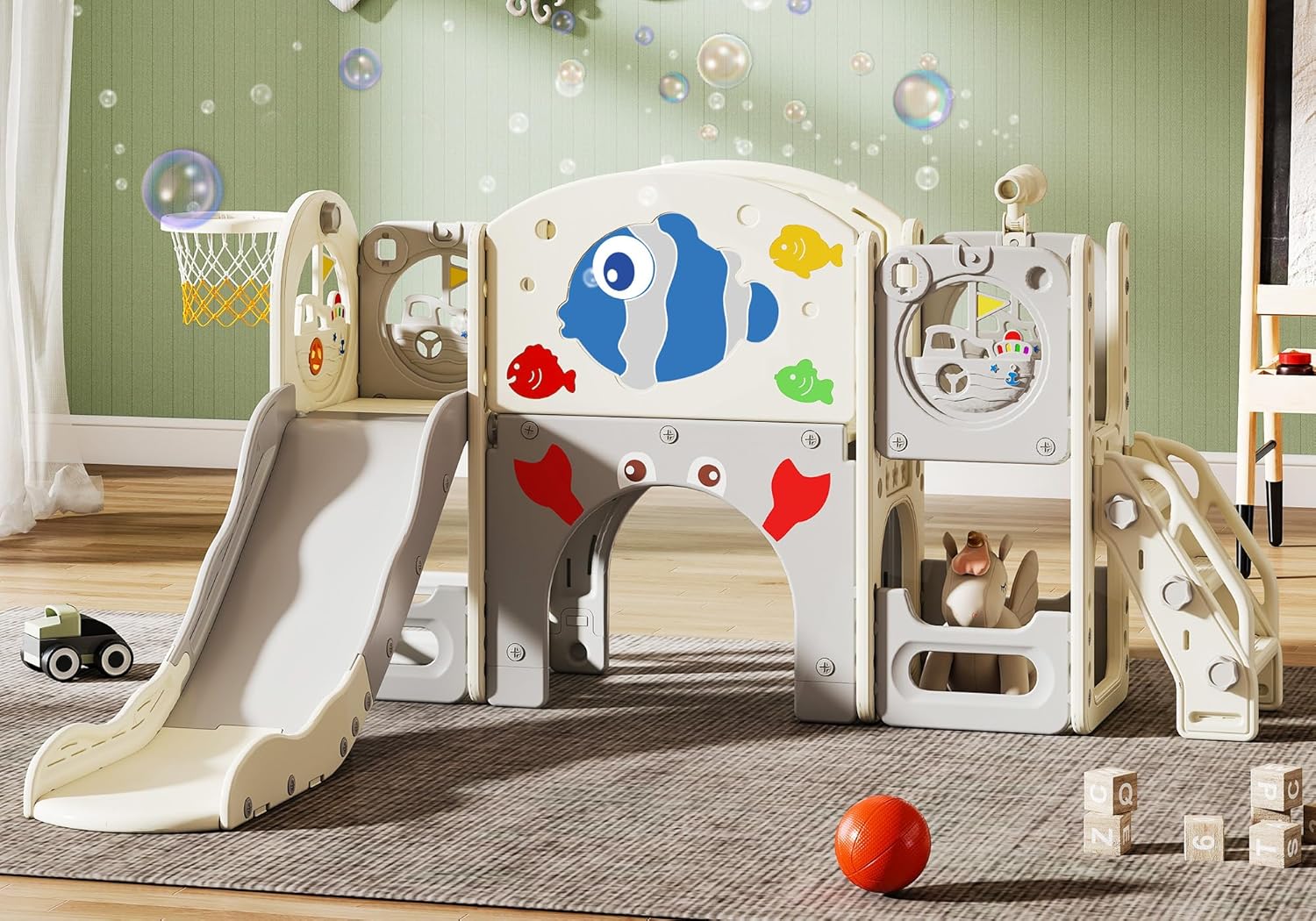 NYEEKOY 8-in-1 Toddler Slide Playset, Suitable for Baby Slide Playset for Toddlers Ages 1-3, Equipped with Multiple Functional Areas Such as Basketball Hoops, Long Passages, and Telescope, Blue Fish