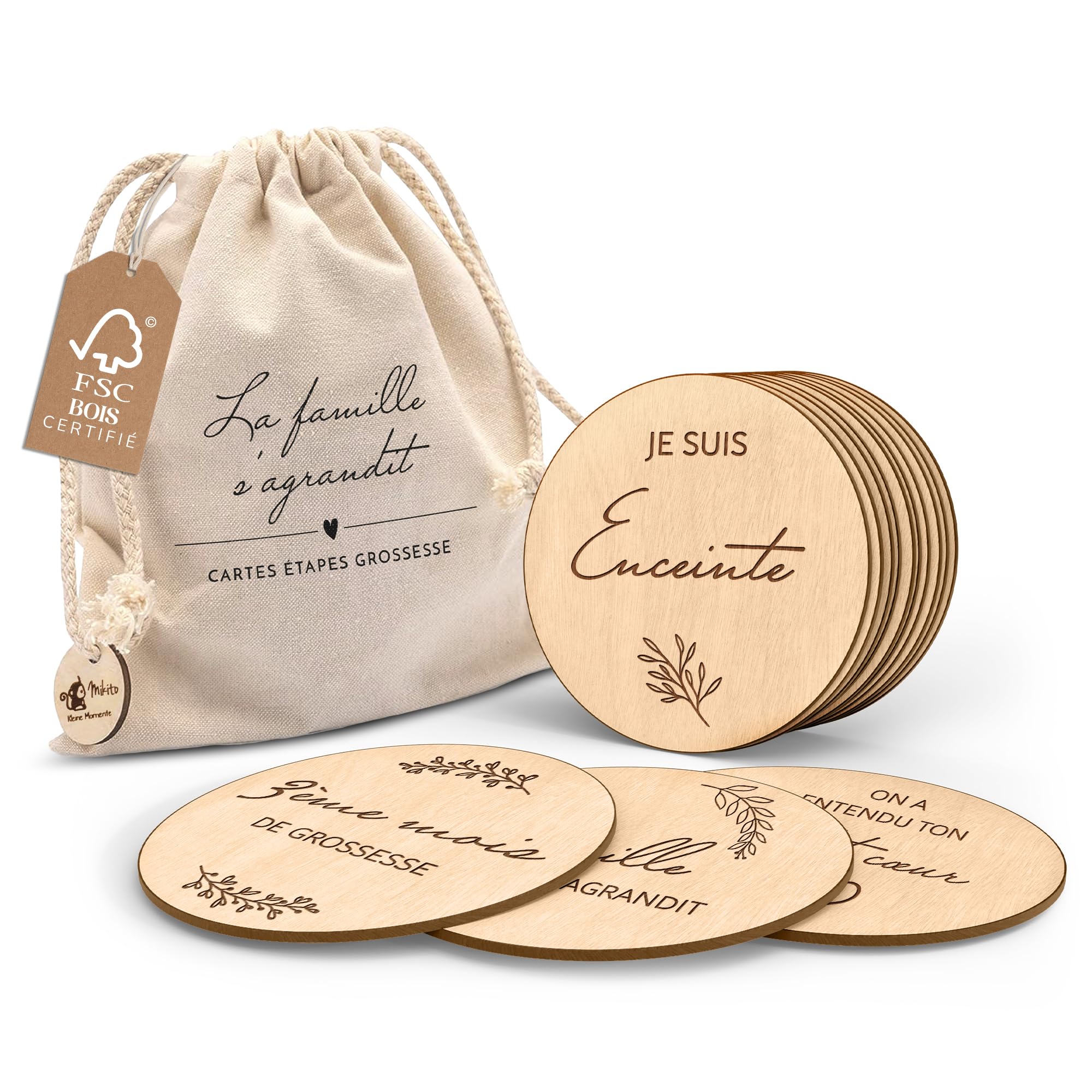 Wooden Pregnancy Cards in French, 30 Important Moments from Pregnancy to Birth on 15 Wooden Slices Engraved on Both Slices