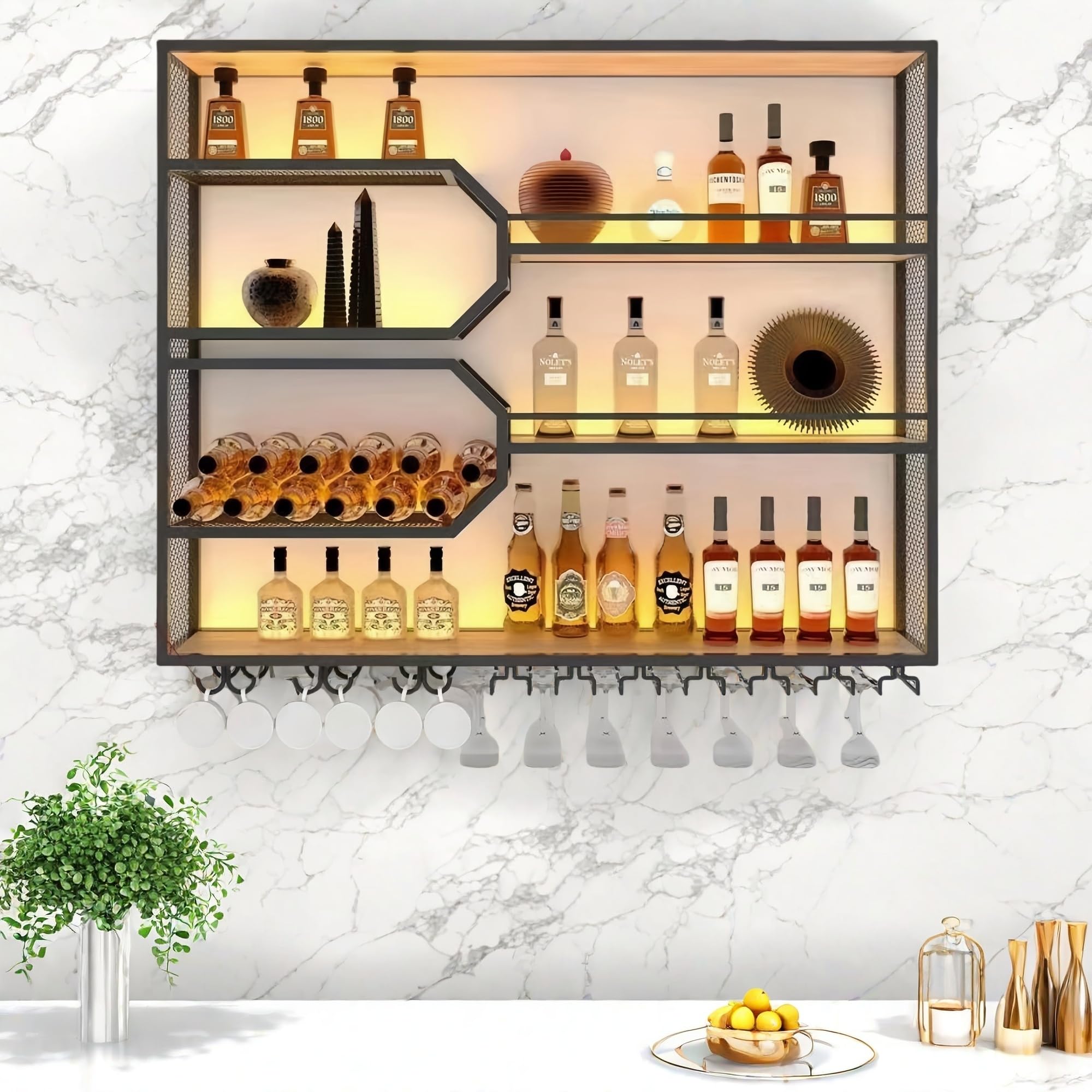 Bar Glass Rack Shelf Floating Bar Shelves With LED Lights – 3-Tier ...