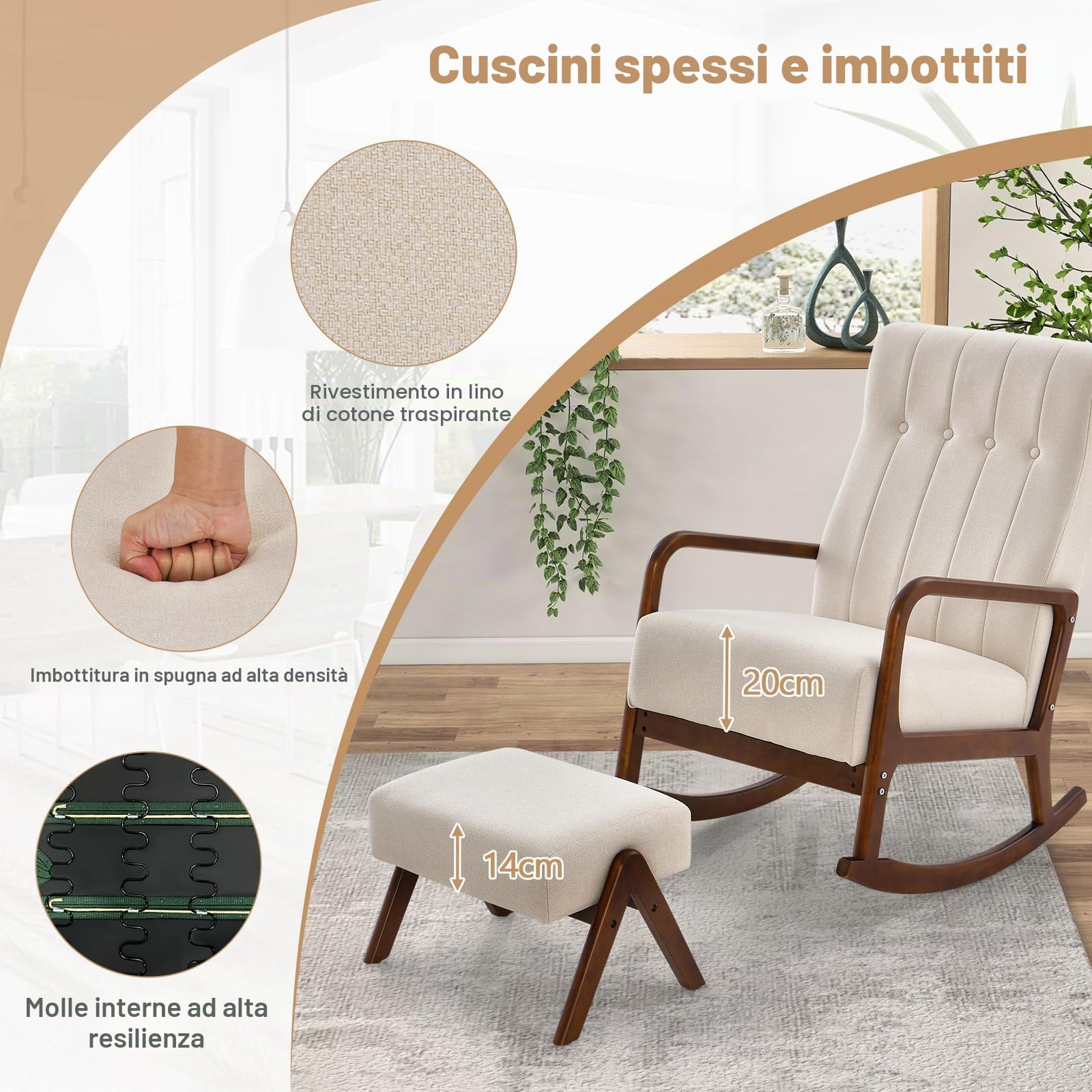 GIANTEX Sedia a Dondolo con Poggiapiedi, Poltrona Camera da Letto, Poltrona a Dondolo da Interno, Set Sedia a Dondolo e Poggiapiedi per Cameretta, Salotto 2 Colori