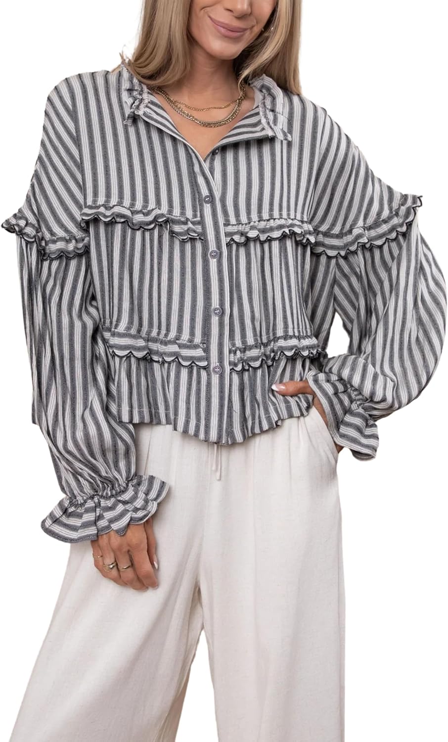 Tanming Womens Striped Button Down Shirts Ruffled Long Sleeve Stand Collar Shirt Dressy Casual Blouse Tops
