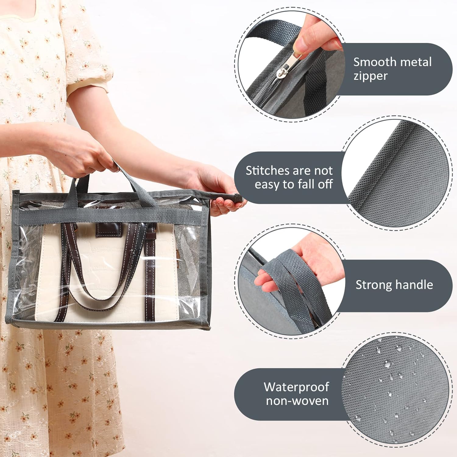 Shappy 15 Pcs Purse Dust Bag for Storage Handbags, 3 Sizes Storage Clear Cover Organizer for Closet Purses Dust Bags with Zipper and Handles Dorm Room Handbags, 5 Each Size(Gray)