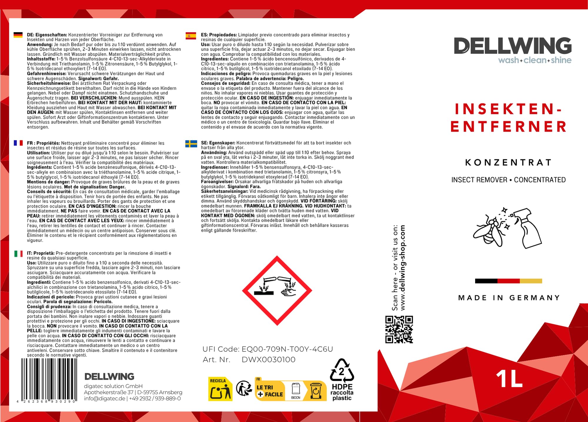 DELLWING Insektenreiniger Konzentrat 1 l, Insektenentferner Auto, für Lack, Glas & Kunststoff, ideal zur Vorbehandlung vor Wagenwäschen, Made in Germany