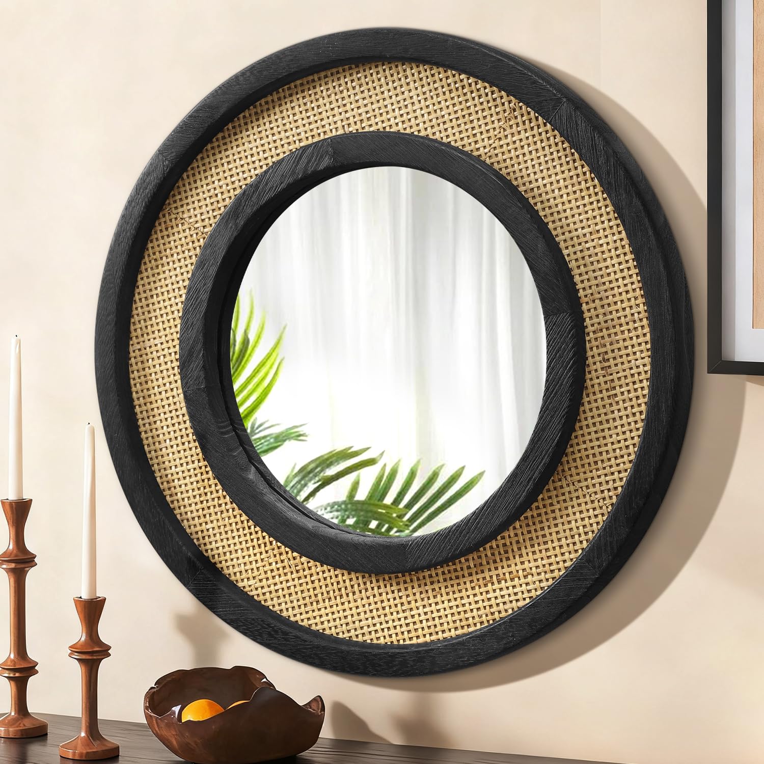 JJUUYOU Circle Wall Mirror with Wood Framed Round Rattan Hanging Mirrors Large Decorative 40cm for Bedroom Living Room Bathroom Entryway Hallway