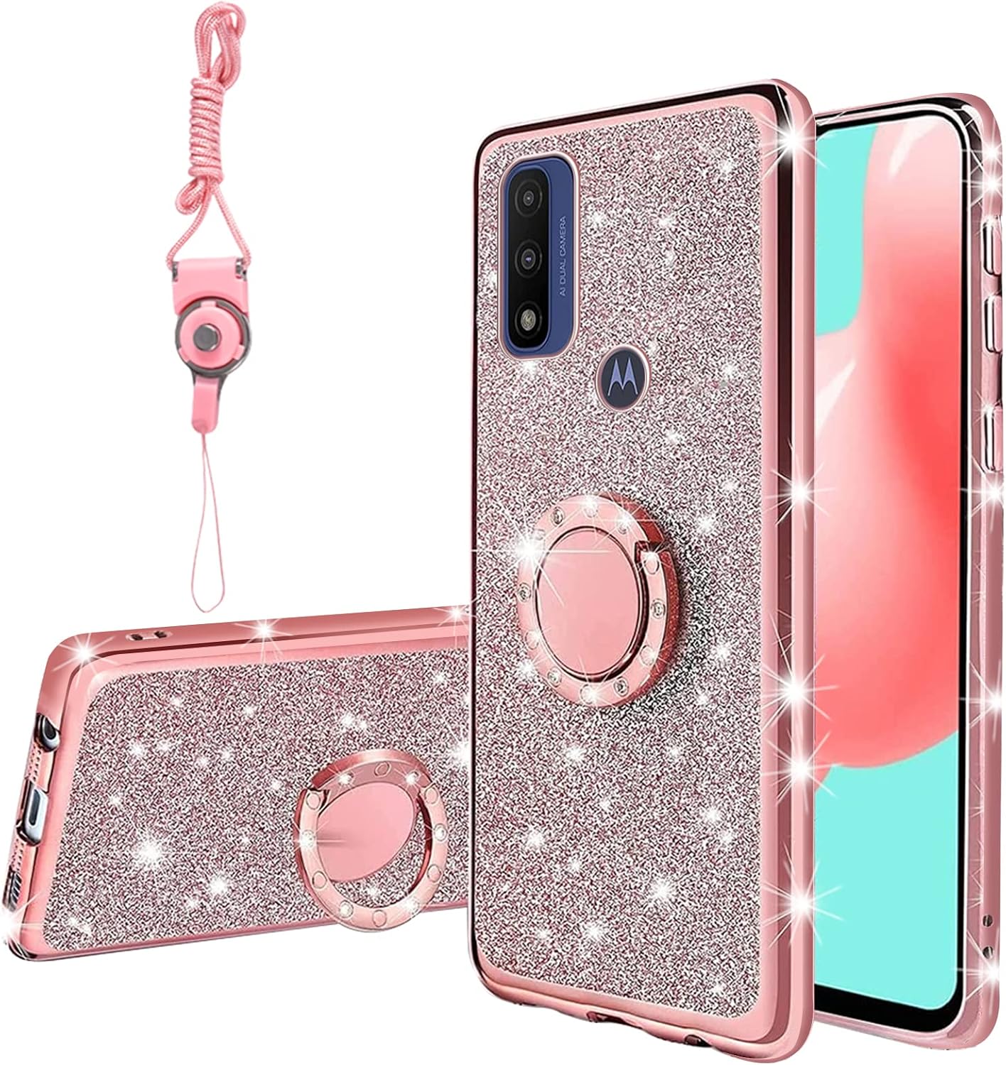 for Moto G Pure 2021 Case, Moto G Power 2022 Case, Girls Women Glitter Luxury Sparkles Cute TPU Silicone Slim Phone Case with Ring Stand & Strap Case for Motorola Moto G Play (2023) - Rose Gold