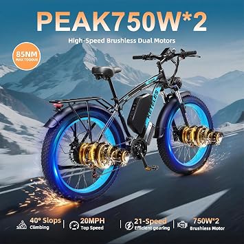KETELES Ebikes for Adults, AWD Dual Motor Ebike, 26'' Fat Tire Peak 4000W E-Bike with 48V 22.4AH Battery Hydraulic Brake Best Electric Bike , 21 Speed Electric Mountain Bikes.