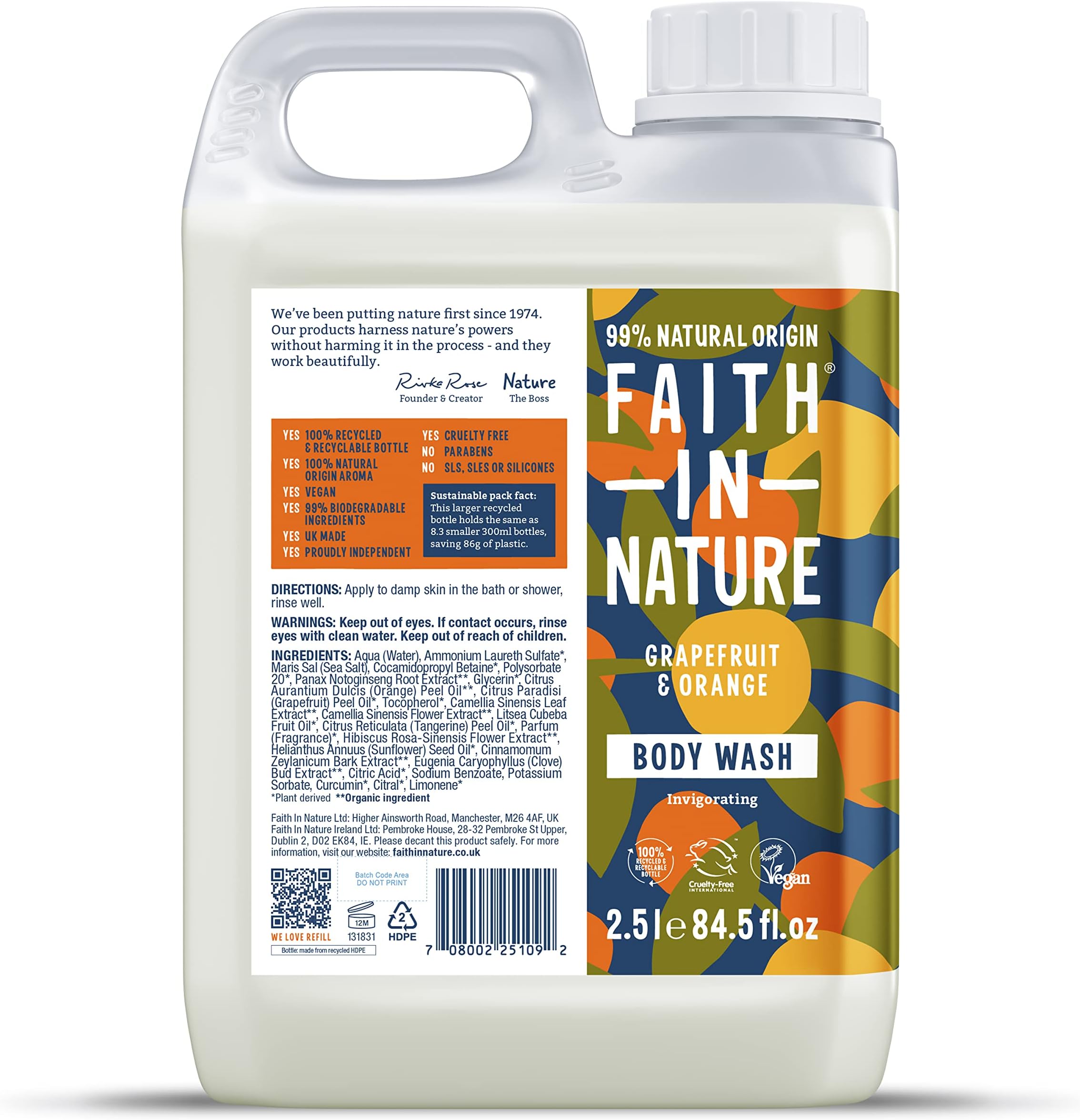 FAITH IN NATURENatural Body Wash - Vegan & Cruelty Free, No SLS or Parabens - 84.5 fl oz, Grapefruit & Orange