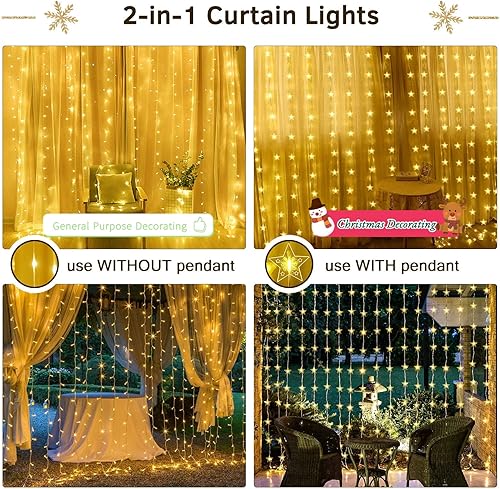 Miniatura 2 de BLOOMWIN Cortina de luces de hadas de Navidad 2 en 1 con colgantes de estrella, 200 LED, 9.8 pies x 9.8 pies, tira de luz USB parpadeante con