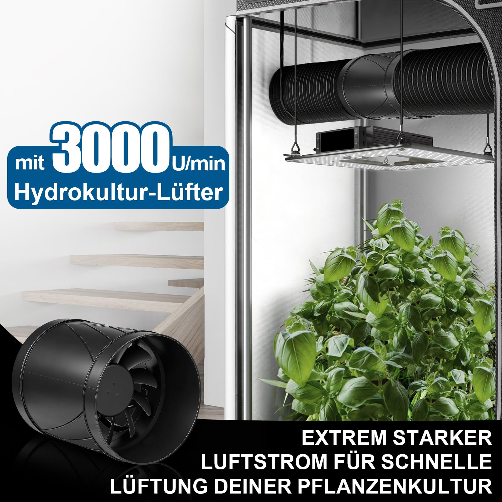 Regelbar Rohrventilator 150mm, 588 m³/h Inline Abluftventilator Rohrlüfter mit Drehzahlregler, EC Motor, EU-Stecker, 3m Kabel, 3000 U/min Kanalventilator für Grow-Zelte, Gewächshaus, Badzimmer, Garage