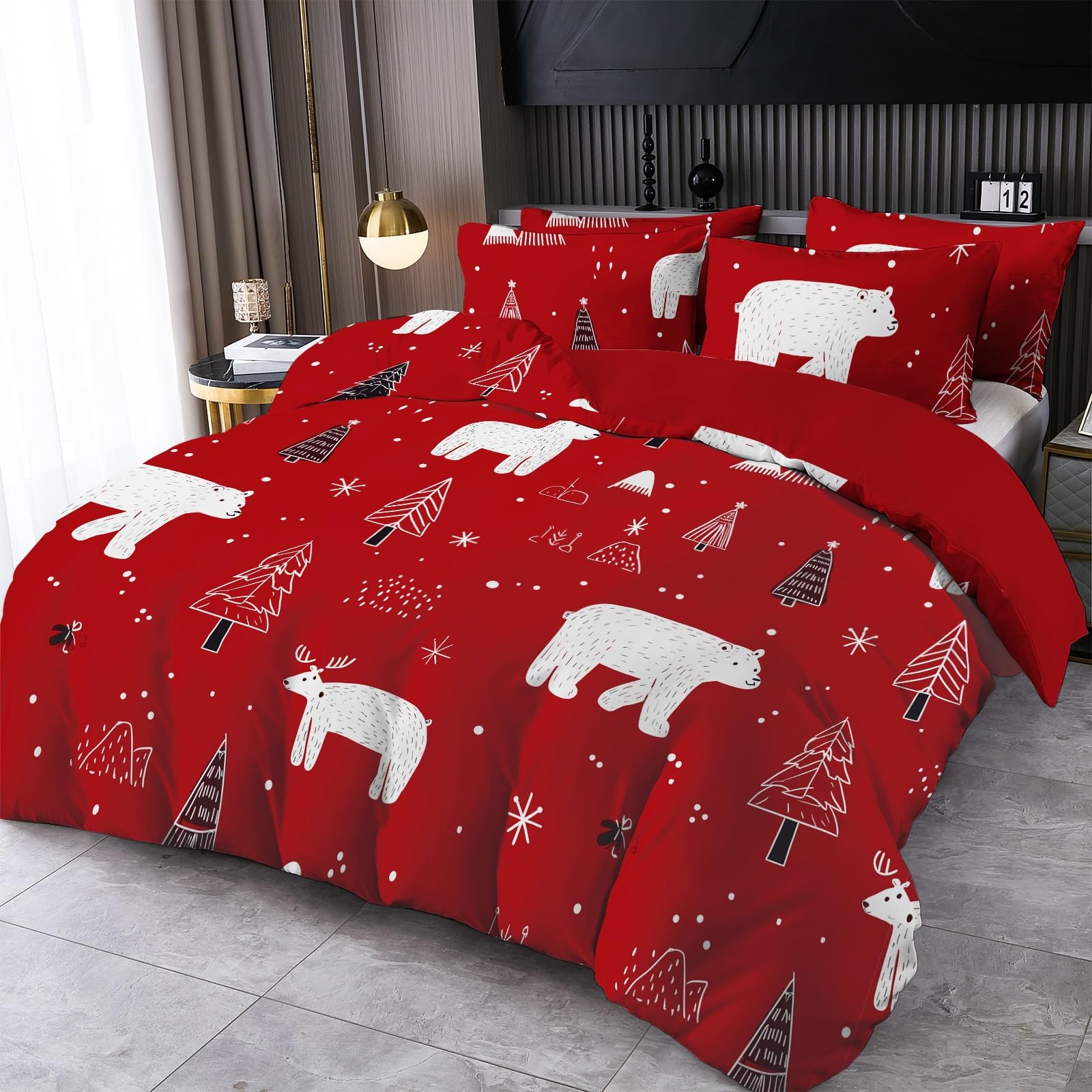 Housse de Couette de Noël pour Enfants Parure Lit 240x220 Rennes et Ours