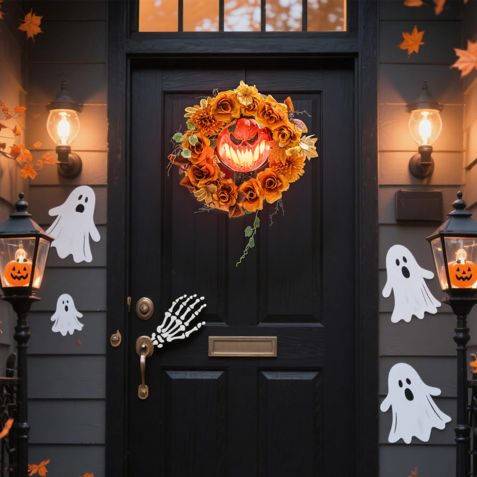 Outsunny Wiszący dyniowy wieniec z 44 diodami LED na drzwi i ogród | Dekoracja Halloween, Efekt płomienia, Straszna twarz dyni, Kwiaty, na imprezę