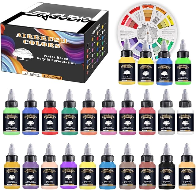 SAGUDIO Airbrush Acrylic Paint Set 24 * 30ml (1oz) Basic Colors Ready to Airbrush Colour Set with Color Wheel,Ready to Airbrush Painting Kit