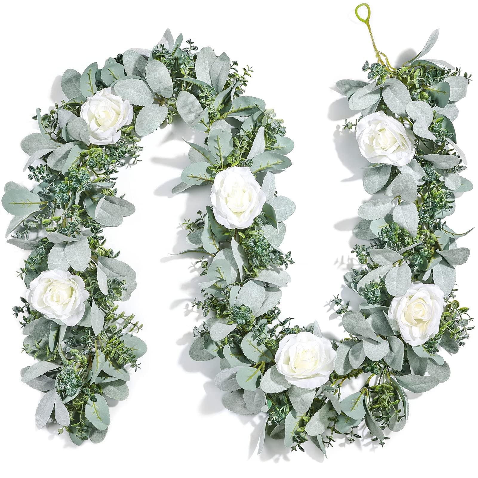 Miracliy 6 Ft Eucalyptus Garland with Flowers, Lambs Ear Greenery White Roses Flower Garland Fake Vines for Wedding Boho Table Mantle Backdrop Party Farmhouse Home Decor