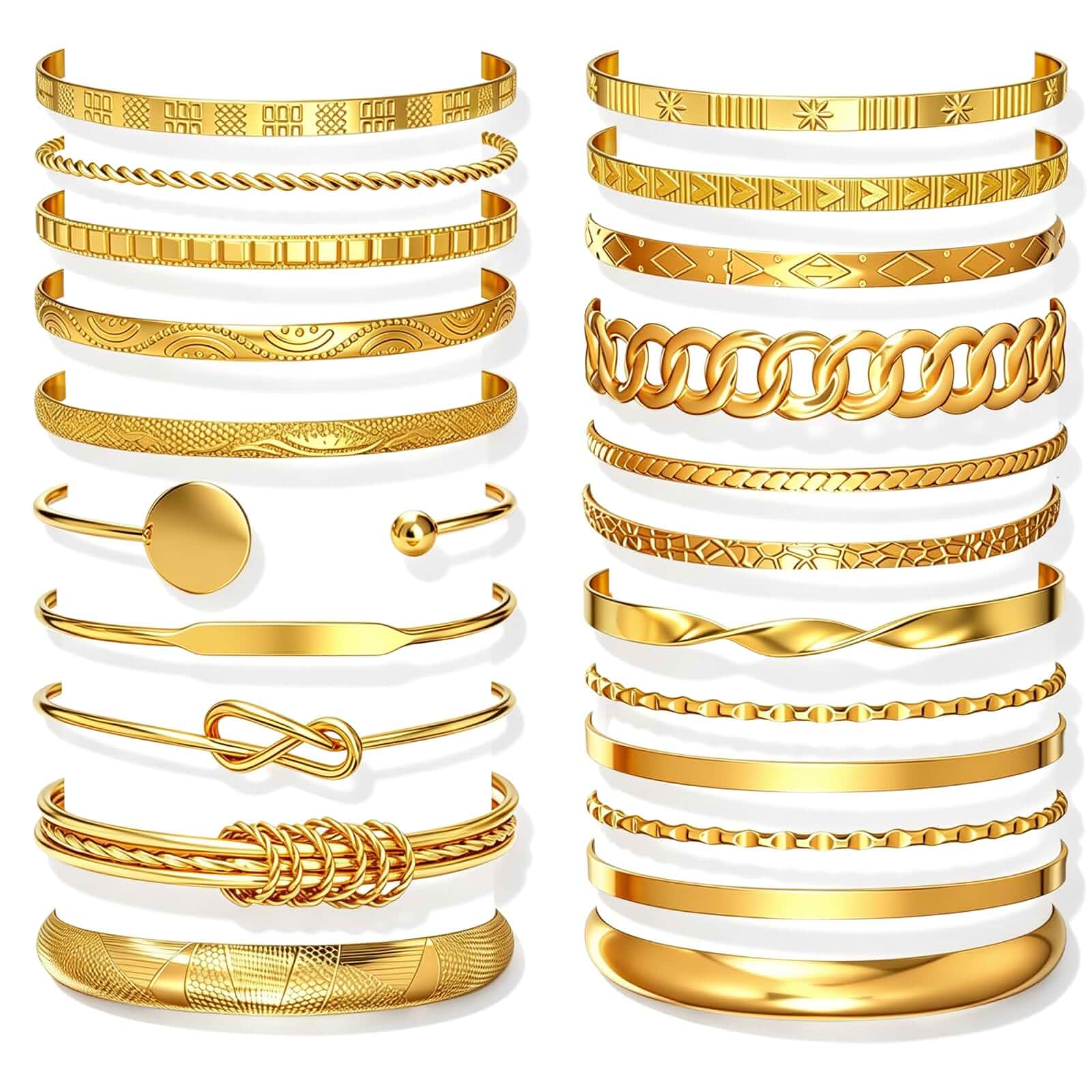 22 Pcs Gold Bangle Bracelets Multi Layer Open Stackable Bangle Set 14K Gold Plated Non Tarnish Adjustable Chunky Textured Bracelets Boho Jewelry Fashion Accessories Gifts for Women