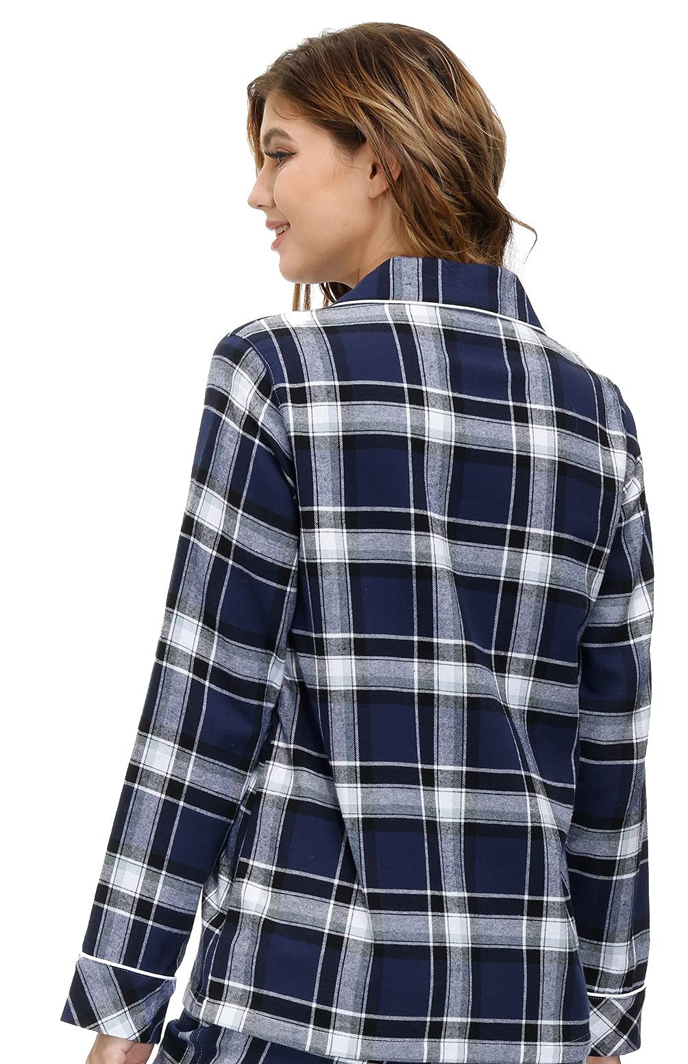 MoFiz Pyjama Femme Coton Ensemble de Pyjama Carreaux Vêtements de Nuit Boutonné à Manches Longues Pantalon avec Poches