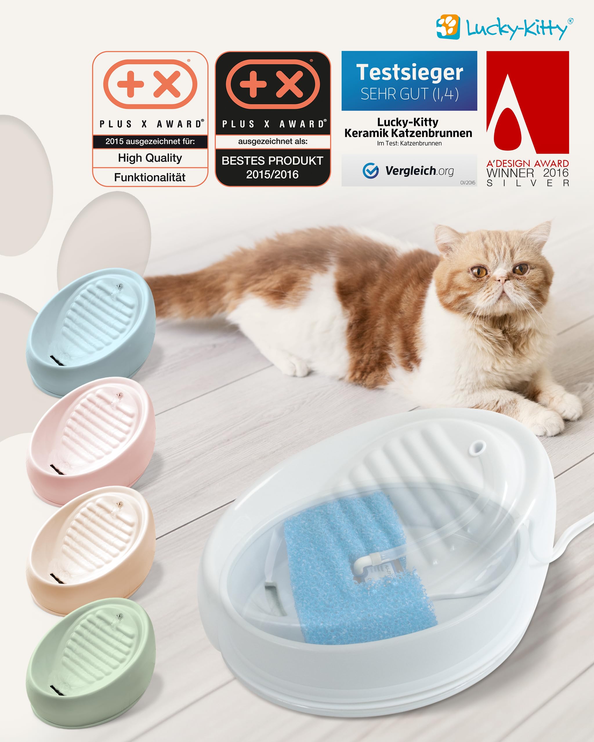 Lucky-Kitty Trinkbrunnen für Katze weiß I Katzenbrunnen Keramik Handarbeit, hygienisch I Kein Aufladen, kein Filter-Tausch I Trinkbrunnen leise & energiesparend I Wasserspender Katzen plastikfrei