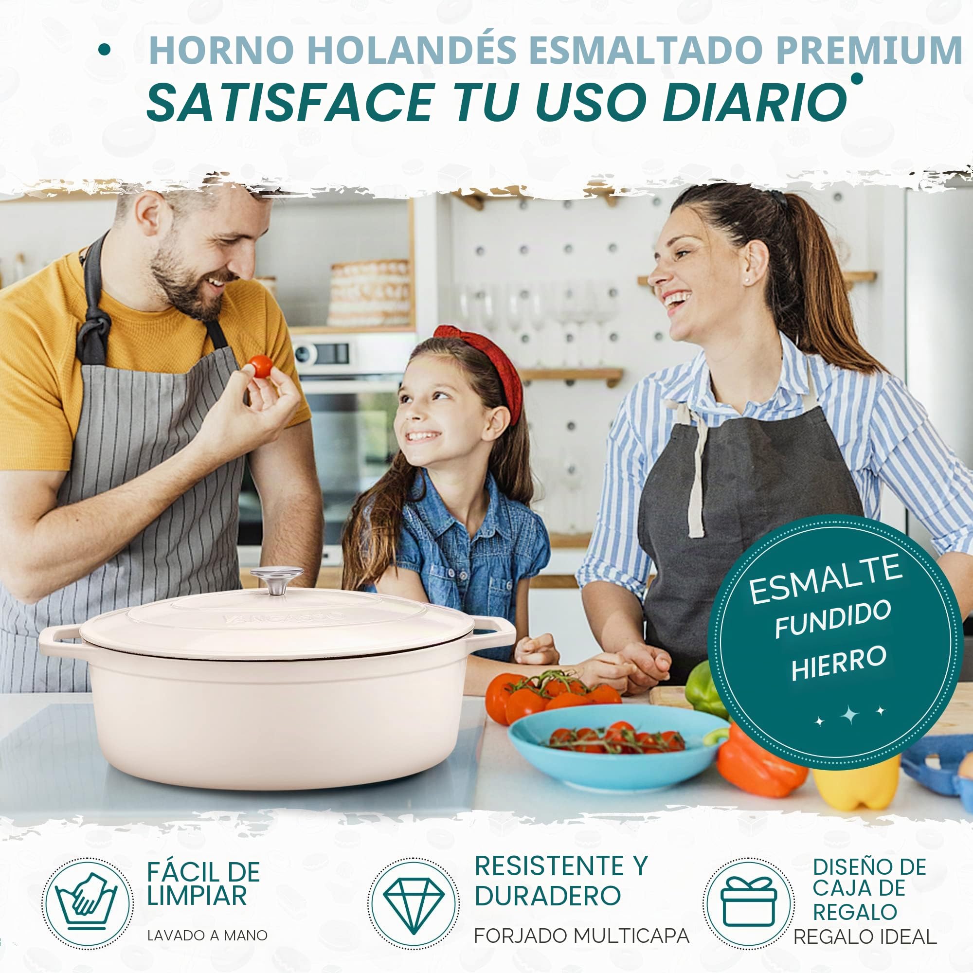 vancasso Cazuela de Hierro Fundido Esmaltado, 37 CM / 8 Litros Ollas de Hierro Fundido Horno Holandés con Tapa Redonda de Acero Inoxidable Apto para Todo Tipo de Estufas- Blanco