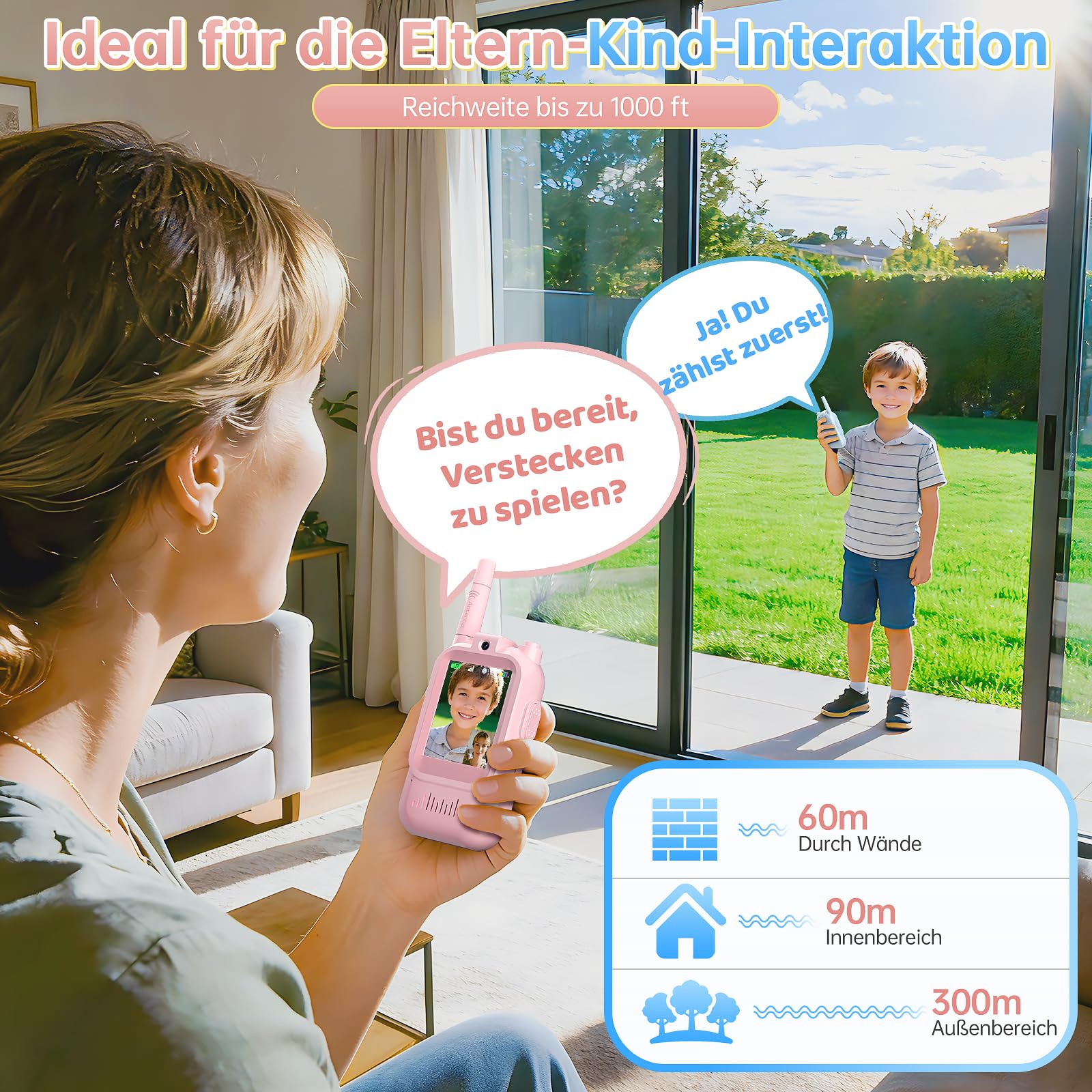 Walkie Talkie Kinder mit HD Video, Geschenk Mädchen Junge 4 5 6 7 8 Jahre, 2er-Set mit Kamera & Bildschirm, Automatische Kopplung, USB-C Wiederaufladbar, Spielzeug für Zuhause & Outdoor (Blau & Pink)