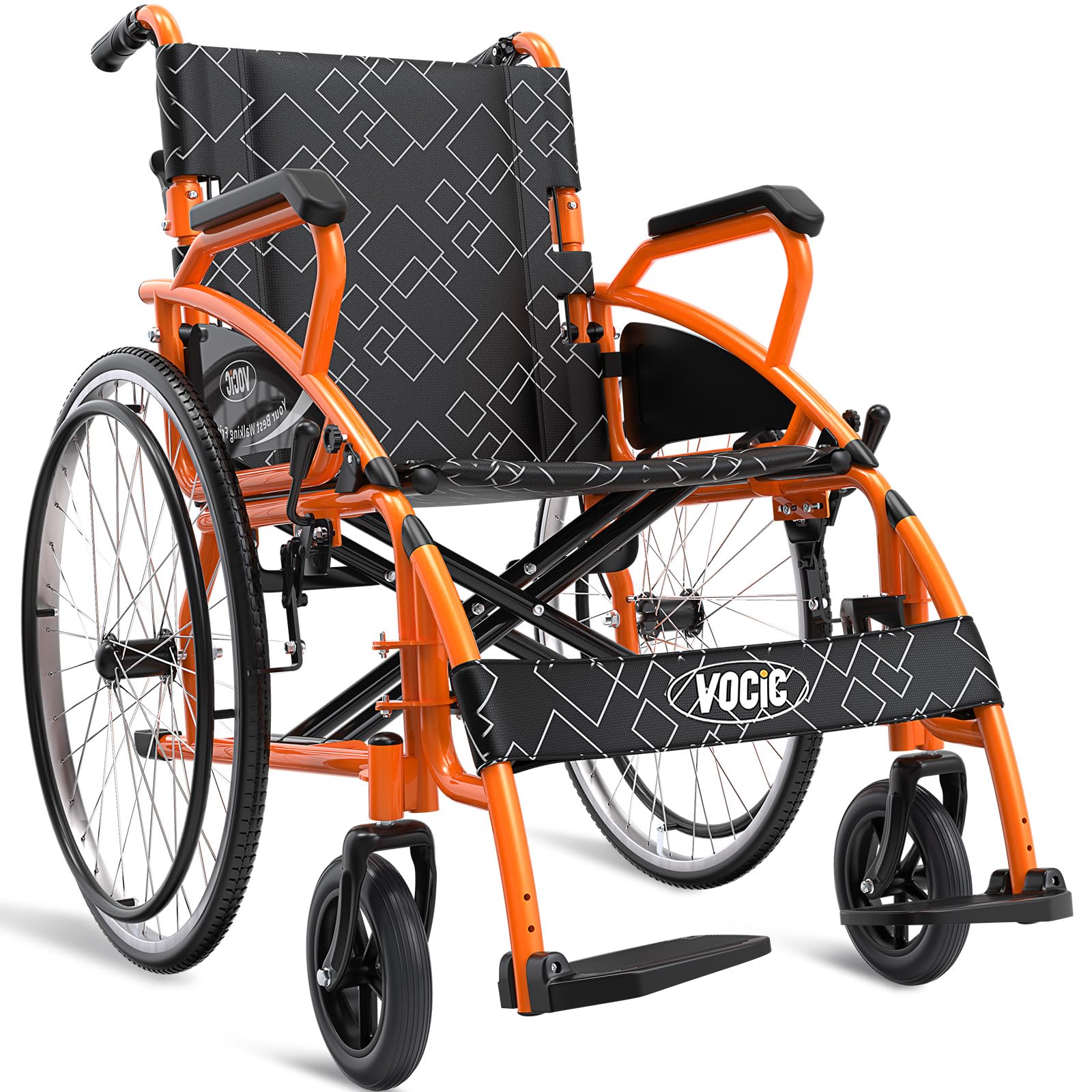 VOCIC U31 Silla de Ruedas Plegable Autopropulsable 150KG | Silla ruedas transporte para adultos y mayores,ruedas 60CM todo terreno,doble freno,17.5KG aluminio (Naranja)