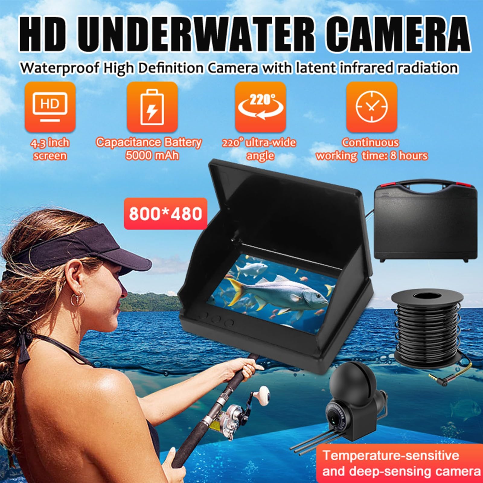 Ecoscandaglio Portatile con Monitor IPS da 4,3", Telecamera per La Pesca Sul Ghiaccio, Batteria Ai Polimeri di Litio da 5000 Mah, Resistente All'acqua IP68, per Lago, Barca, Pesca Sul Ghiaccio(20 mete