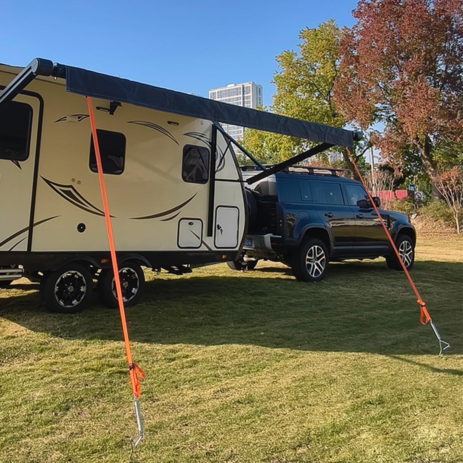 Awning Tie Down Kit for Motorhomes & Caravans, Universal Awning Storm Strap Kit with Adjustable Polyester Straps + Ground Anchors + Tension Springs + Storage Bag (Orange) — view 5