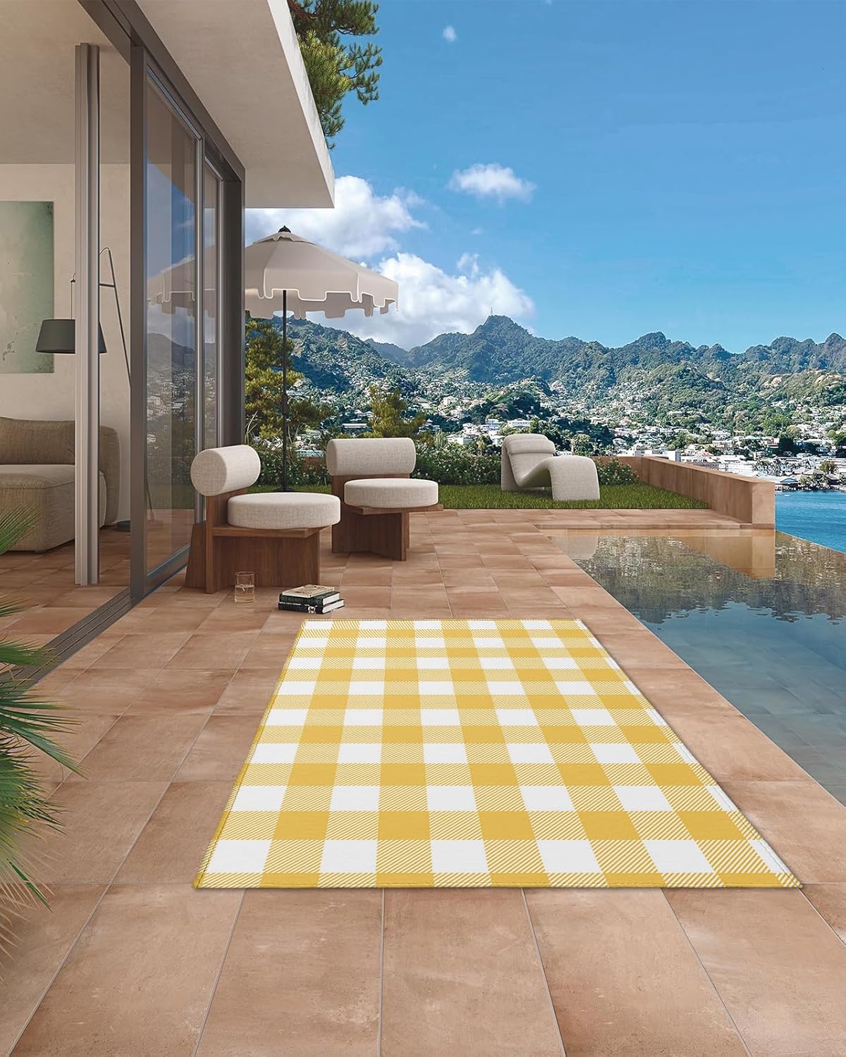 Outdoor Rug 4x6 ft Yellow Buffalo Check Plaid Outdoor Large Area Rug Non Slip Rubber Farmhouse Style Front Door Mat RV Rug Camping Carpet Patio Outdoor Rugs for Backyard Balcony Deck Porch Indoor