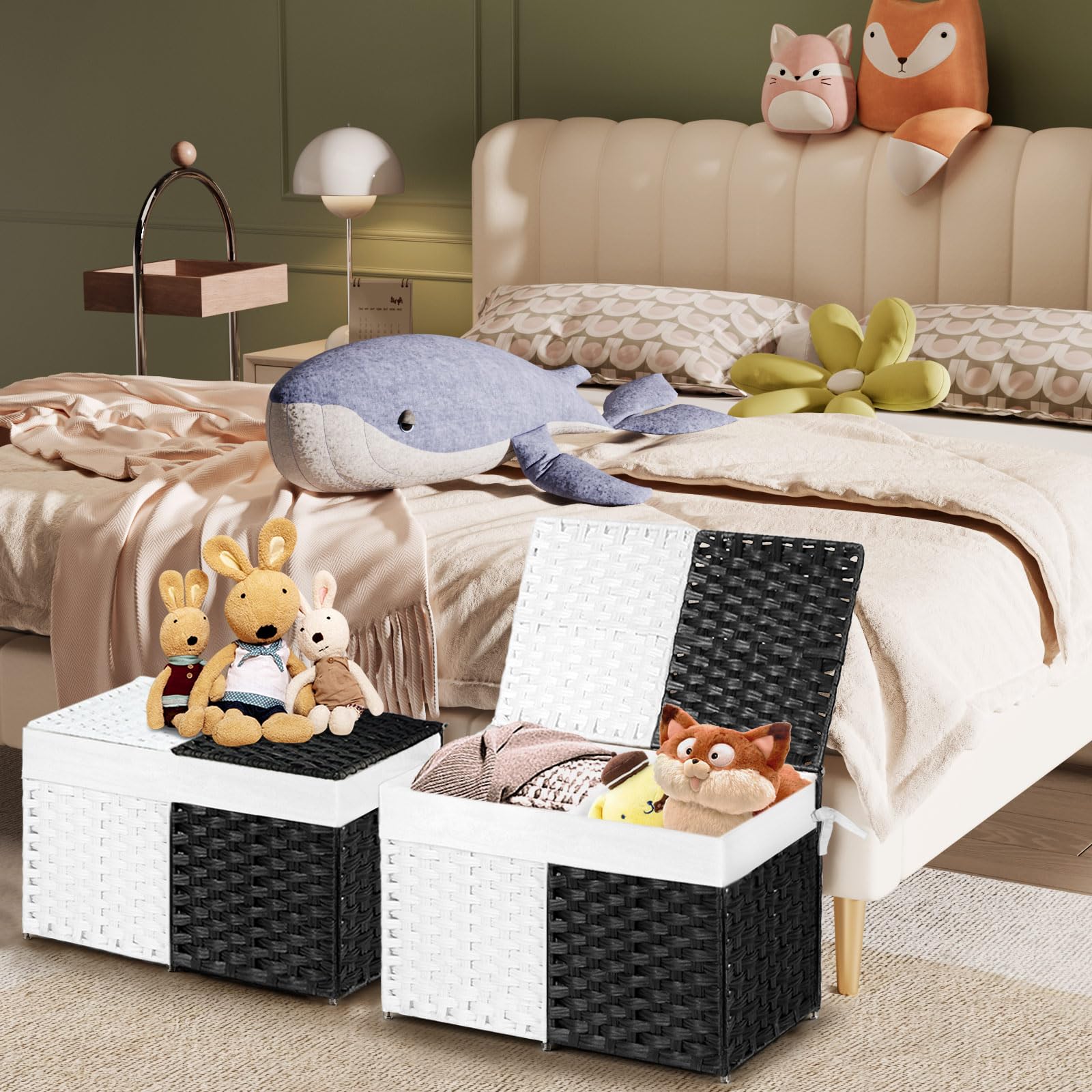 KUREEISE Storage Basket with Lid, 65L Woven Blanket Storage Basket with Handles, Removable Liner with Divide, Metal Frame, Storage Bin for Bedroom, Laundry Roomï¼ˆBlack-Whiteï¼‰