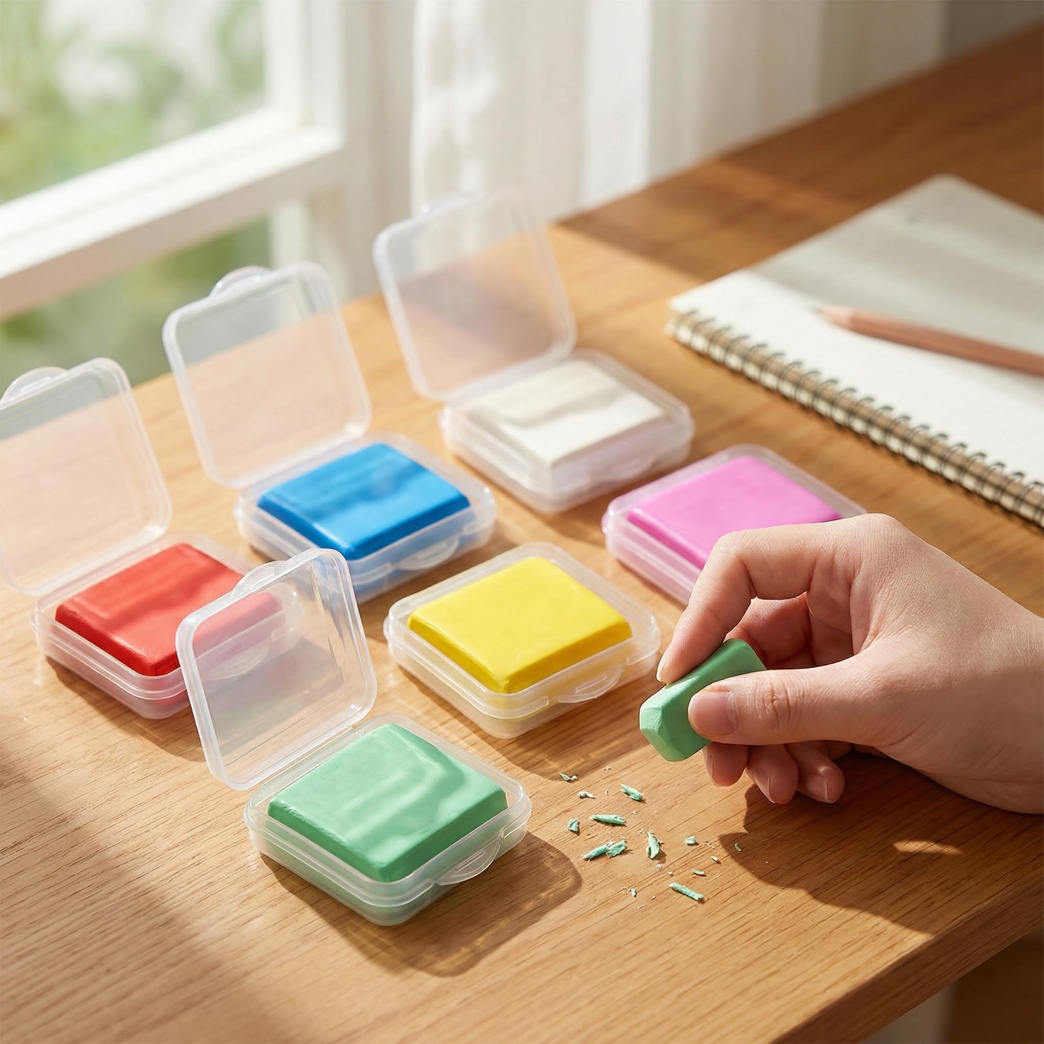 Set de 6 gomas de borrar moldeables, colores vibrantes (azul, blanco, rojo, amarillo, rosa y verde), 3.2 x 3.5 x 1 cm, ideal para artistas, estudiantes y proyectos creativos