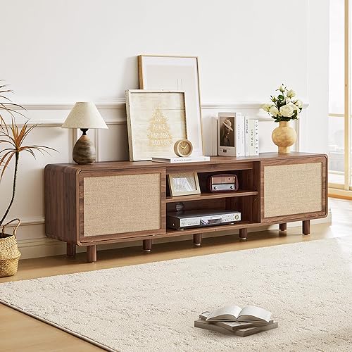 Soporte de TV grande para televisores de hasta 80 pulgadas, centro de entretenimiento moderno de mediados de siglo con almacenamiento y puerta de