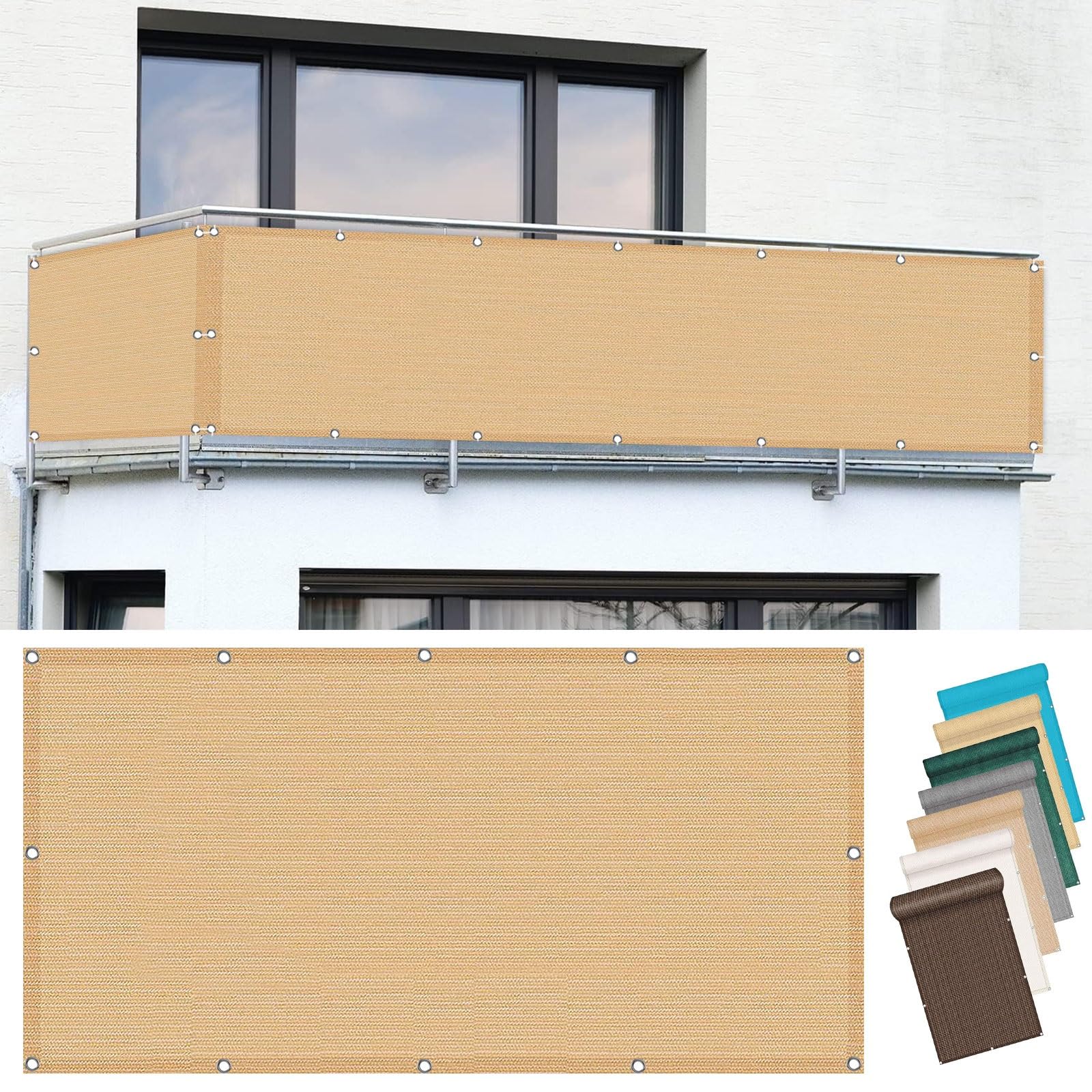 Osłona Ogrodzeniowa Balkonu 60 x 650 cm Wentylowana Siatkowa Osłona Przeciwsłoneczna Z Oczkami I Sznurkiem Na Balkon I Patio Ogrodowe, Kolor kremowy
