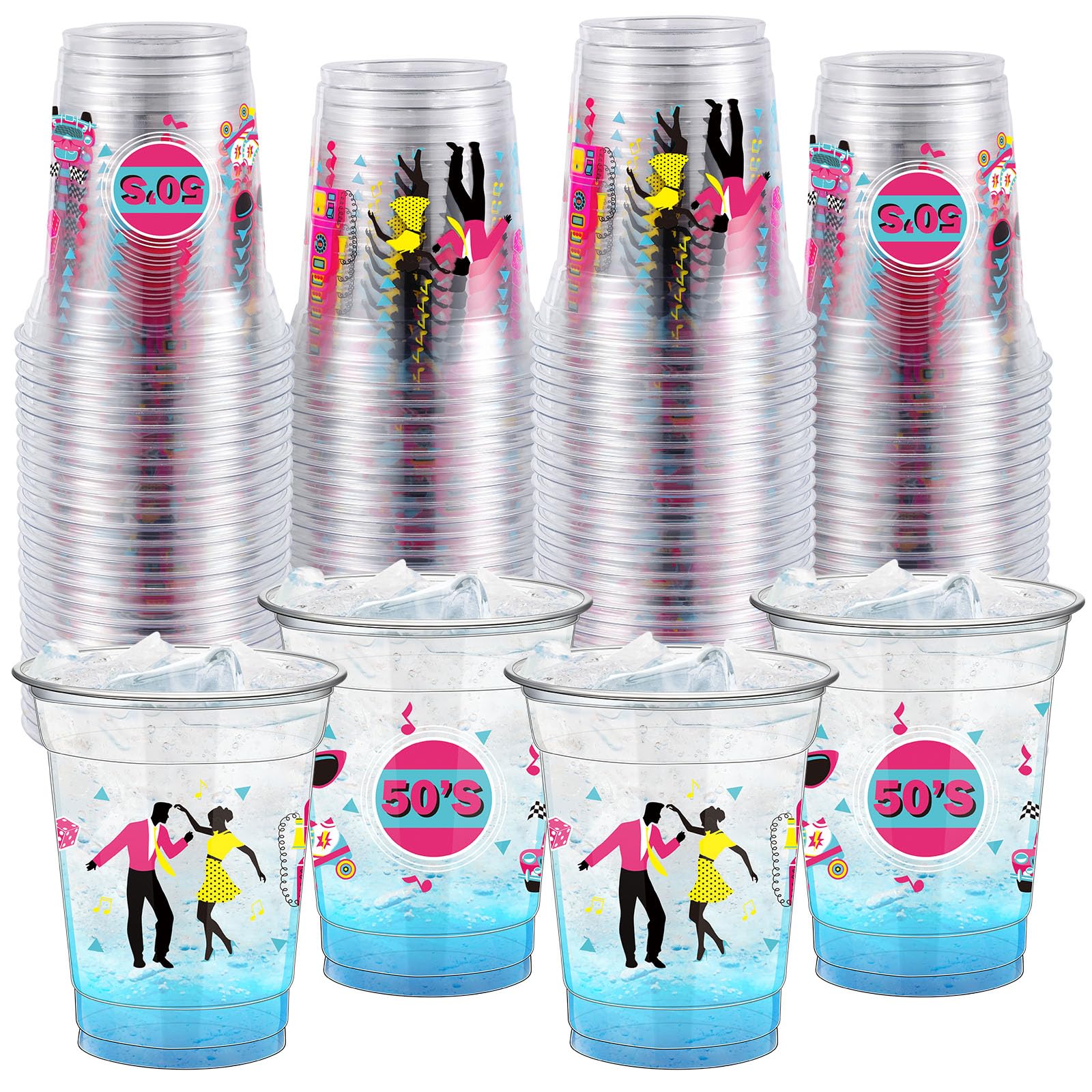 FoldTier 50 Pcs 50s Cups 12 oz Plastic 50s Back to 50s Cups Clear 50s Disposable Cups 50s Theme Drinking Cups for Home Party Back to the 50s Theme