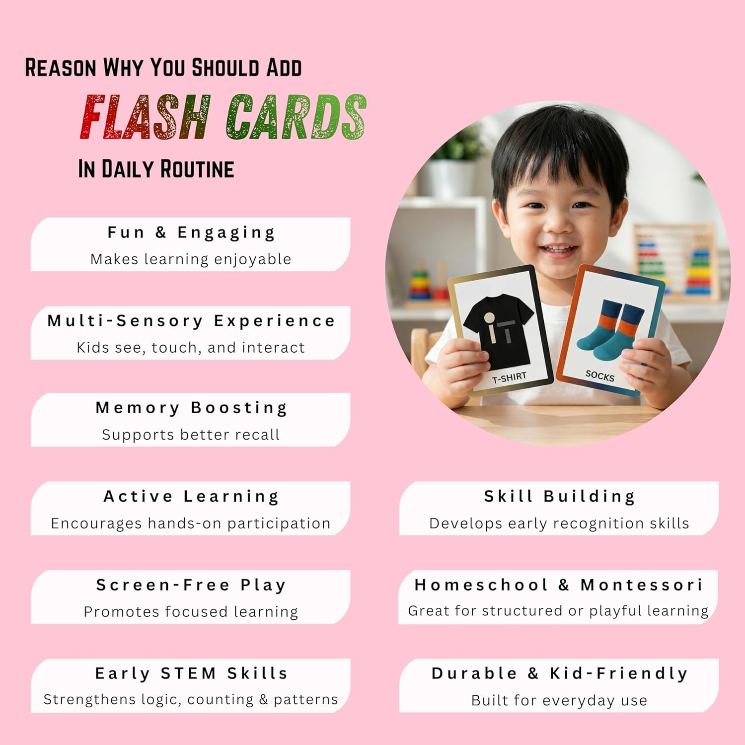 Clothes Flashcards – Non-Tearable Synthetic Learning Cards for Toddlers, Preschool & Kindergarten, Double-Sided Set