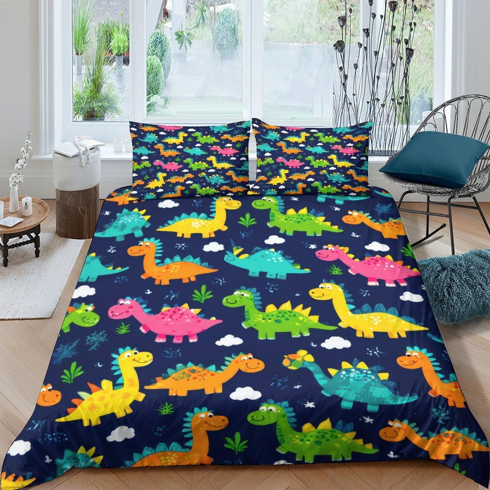 GPLZQXKJNH 3D Printed Colourful Dinosaur Duvet Cover Microfiber Soft Breathable Cartoon Bedding Set with 2 Pillowcases for Bedroom Single（135x200cm）