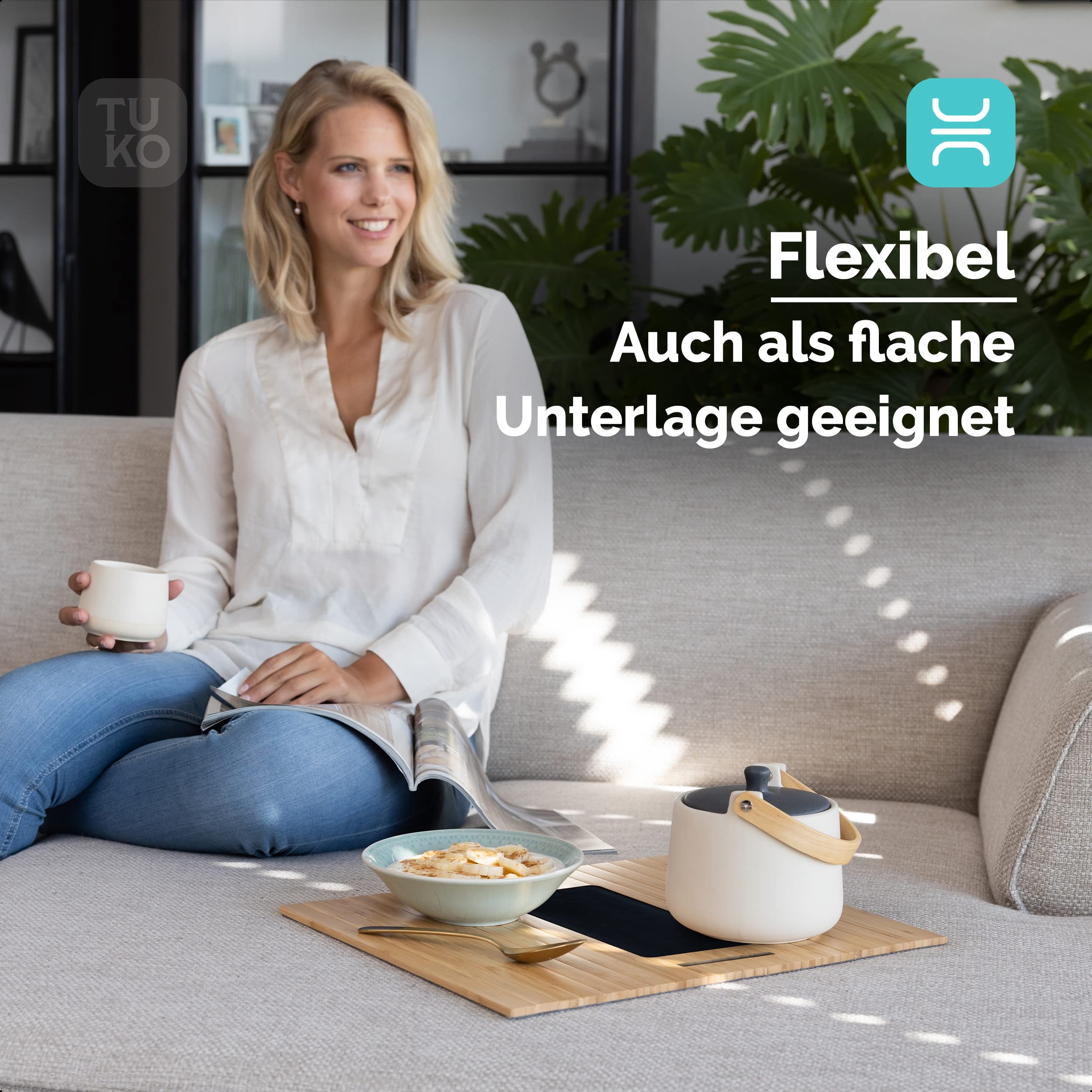 Tuko Banco de bandeja para apoyabrazos de bambú flexible con soporte para teléfono - Sofá y silla Soporte para bebidas y alfombrilla de ratón - Mesa de sofá de madera y organizador para el sofá y el