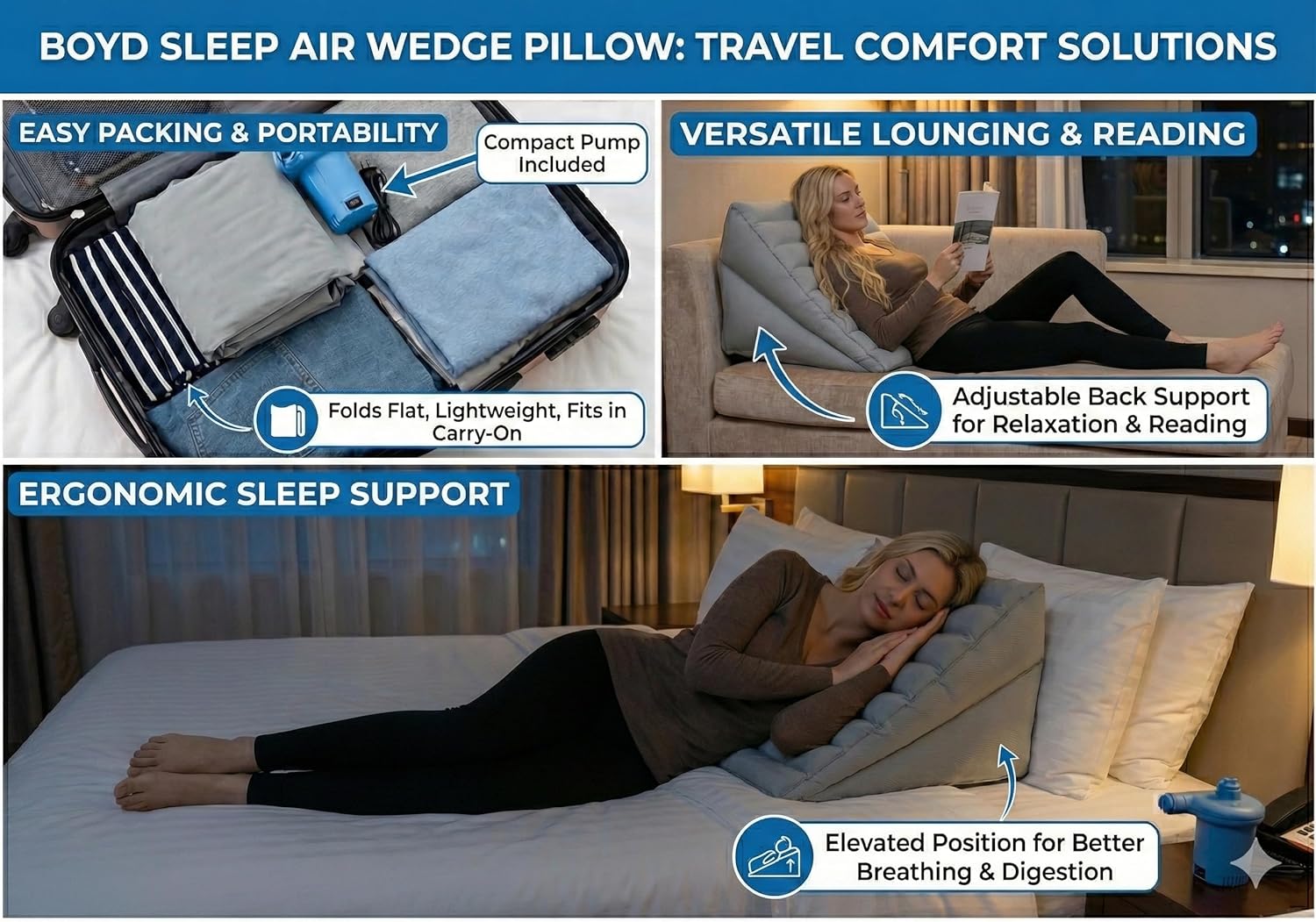 Boyd Sleep Inflatable Air Wedge Pillow, Adjustable Dual-Chamber Incline with Electric Pump, Auto Seal Valves & Ever Firm Fabric, for Acid Reflux, Snoring, GERD, Pregnancy, Back Support, 24" x 22"