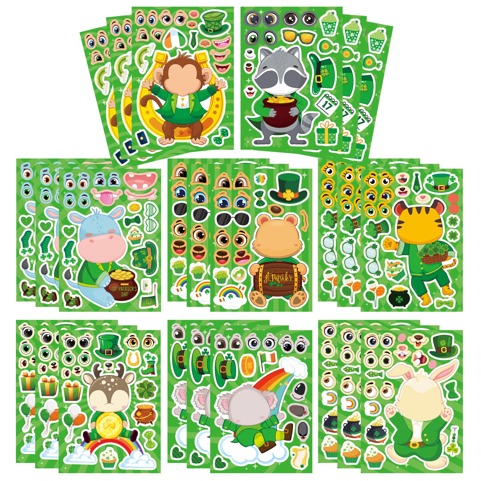Calcomanías del Día de San Patricio para niños: pack de 24 hojas creativas haz una cara