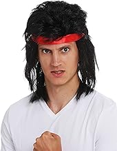 WIG ME UP - SARL001-P103 Perücke Stirnband Karneval Herren lang schwarz Vokuhila 80s Action-Star Kämpfer Kung-Fu