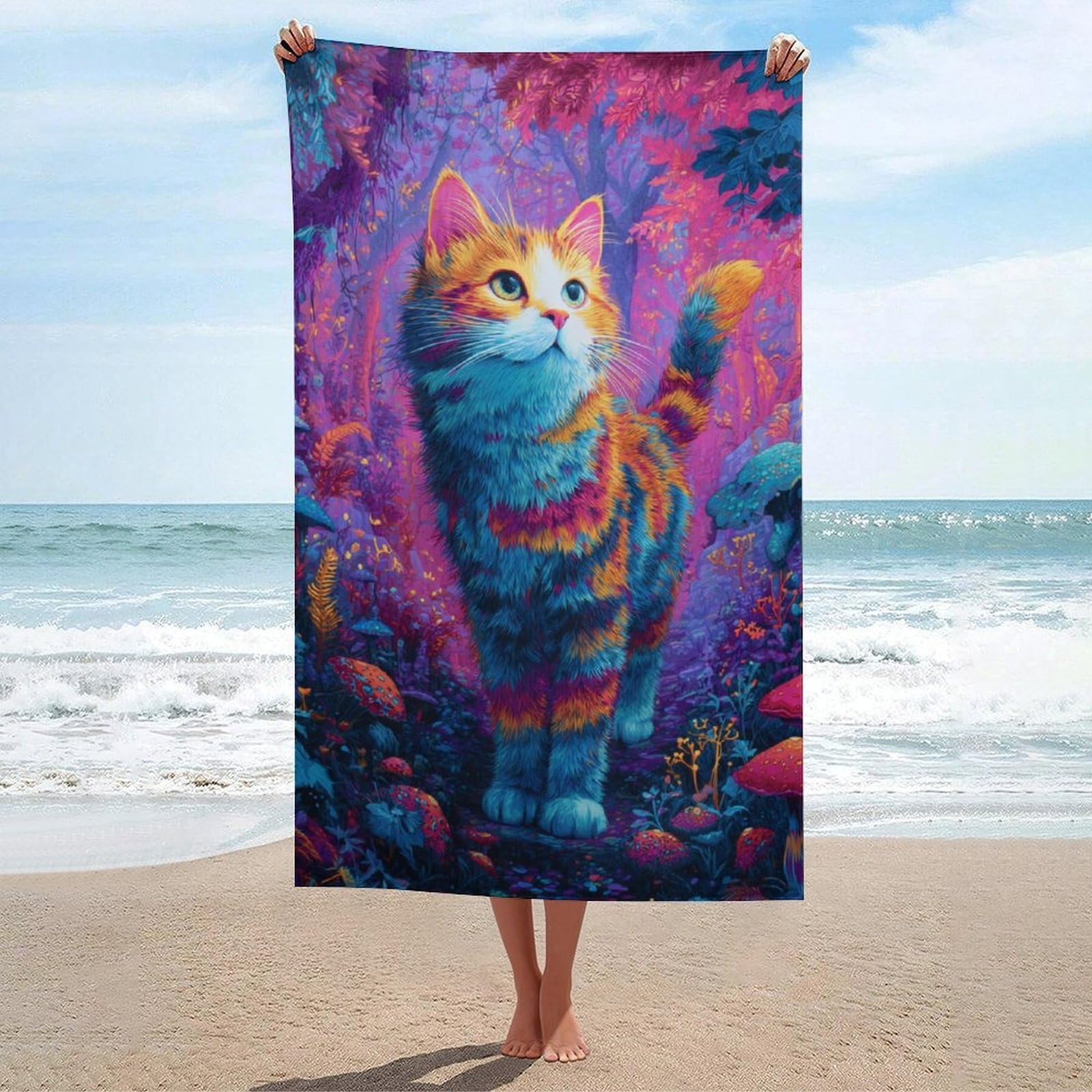 asbwuo Whimsical Adorable Cat in Magical Beach Towel