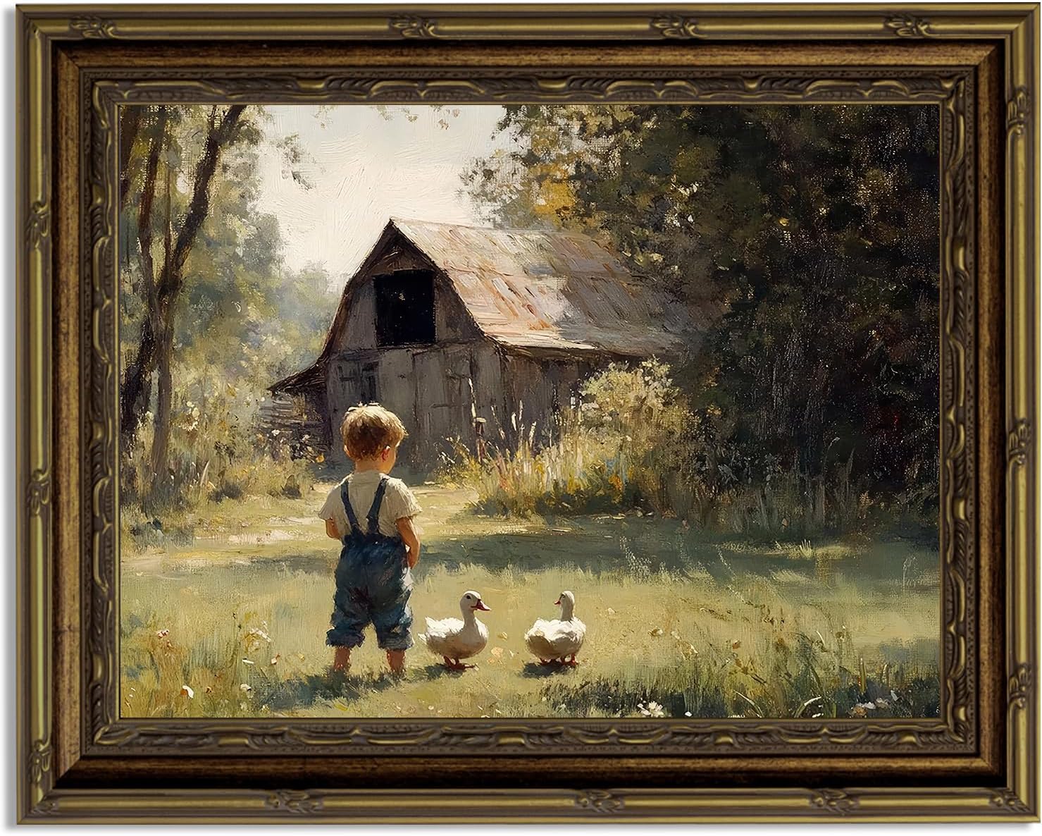 Gold Frame Vintage Country Canvas Wall Art Boy Duckling Barn Wall Decor Picture Rural Farm Painting Print Artwork for Retro Farmhouse Home Children's Room Decoration 12x16in