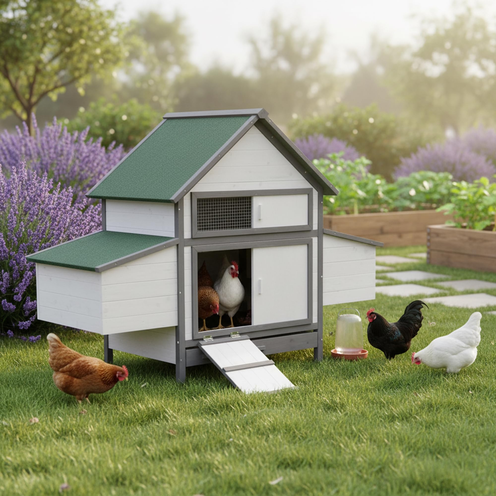 Mucola Hühnerstall Hühnerhaus mit 2 Nestboxen 160x100x115 cm Holz Weiß | Eierentnahme von außen, 4 Nistplätze, 2 Sitzstangen, erhöhte Standfüße gegen Nässe, wetterfestes Dach mit Dachpappe, Eiablage