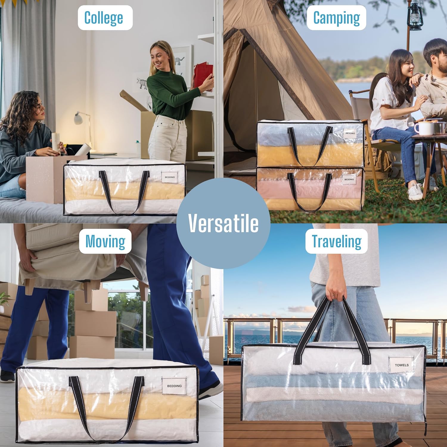 VENO 8 Pack Heavy Duty Moving Bags, Christmas Storage Bins with Lids, Clear Design, Alternative to Moving Boxes, Storage Bags for Clothes, Blankets, Comforters, Pillows, Camping (Clear, 8 Pack) - Image 6